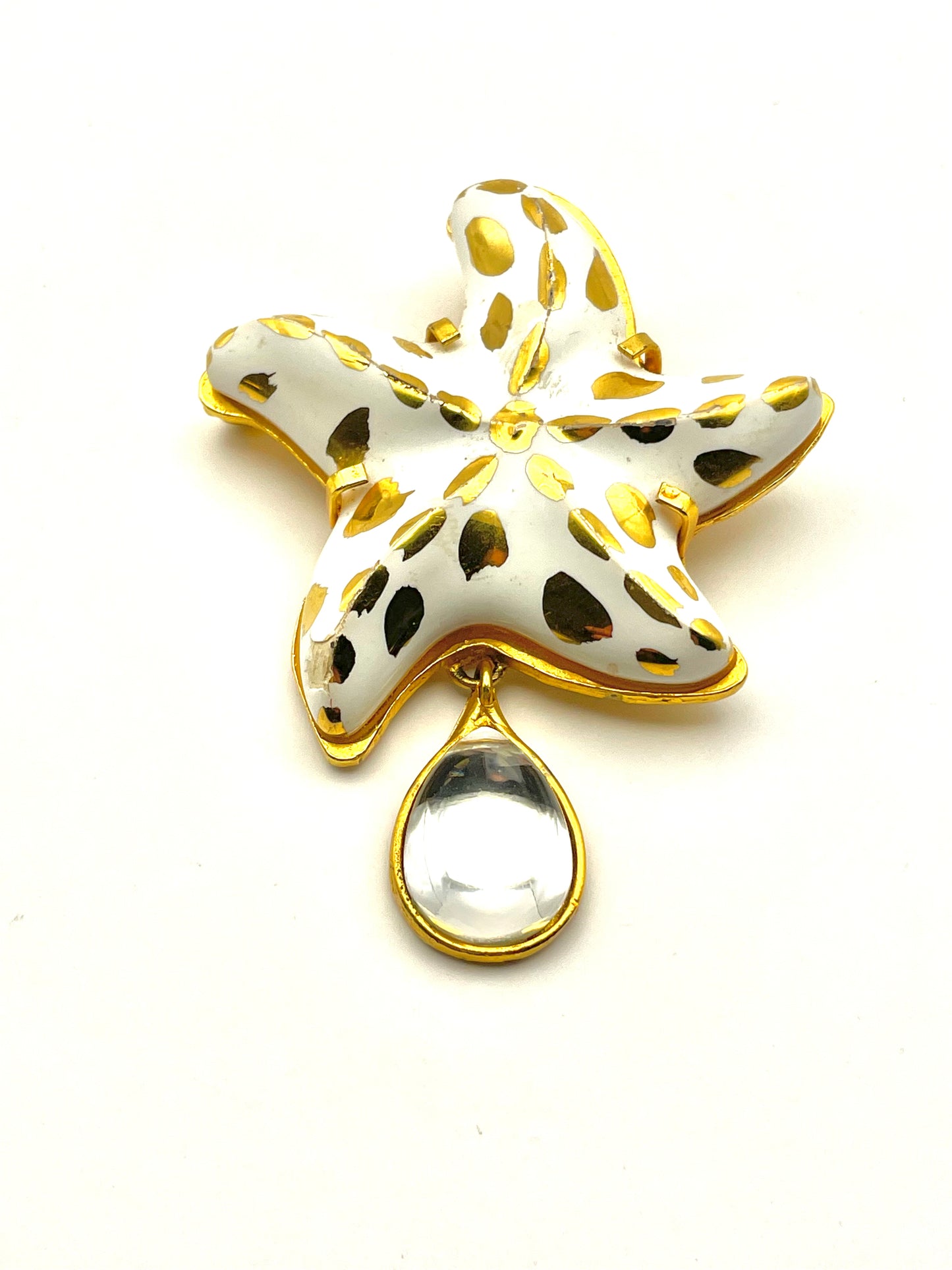 Vintage Yves Saint Laurent Starfish Enamel with Clear Cabochon Glass Drop 1980s WOW!
