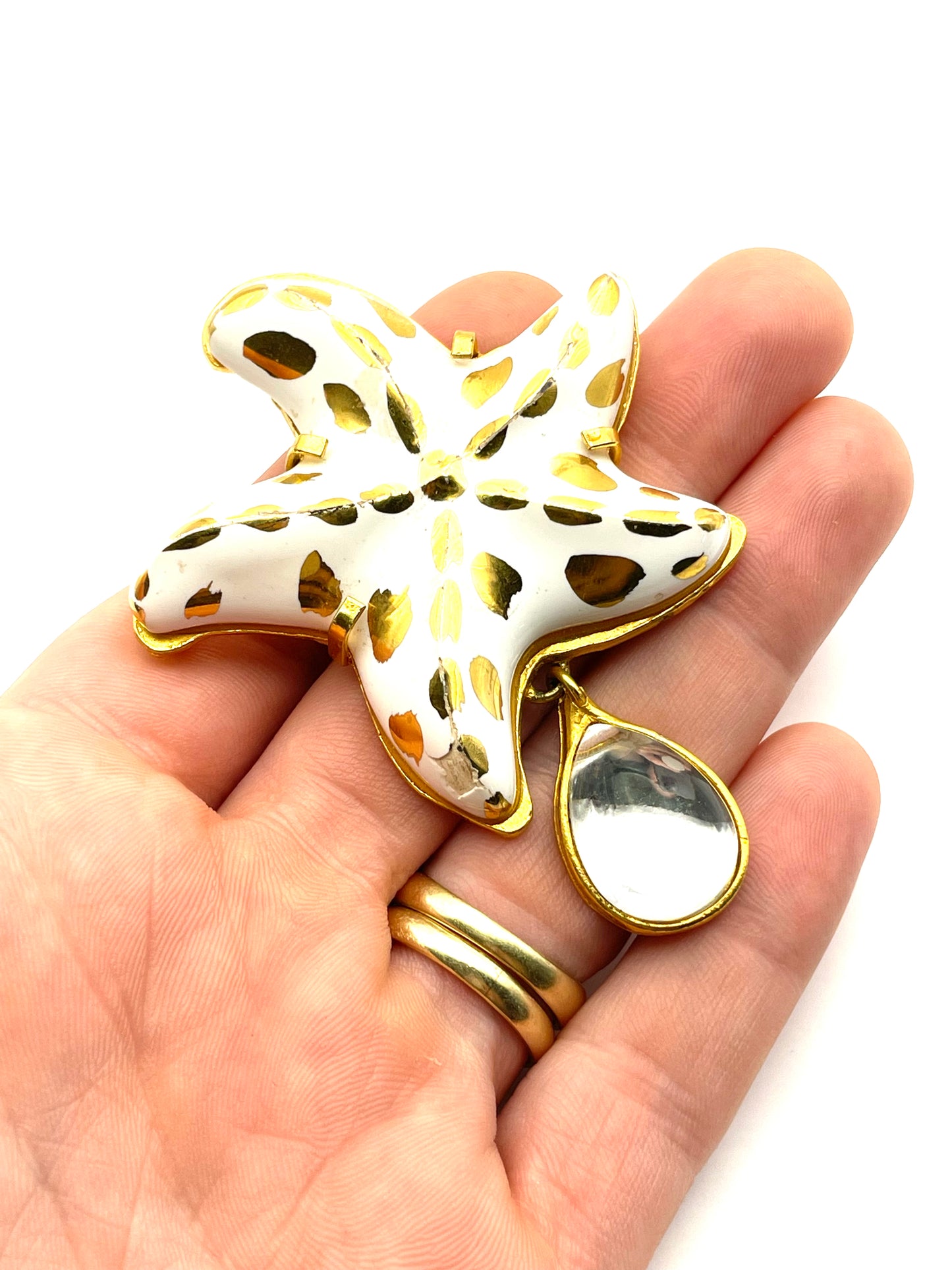 Vintage Yves Saint Laurent Starfish Enamel with Clear Cabochon Glass Drop 1980s WOW!