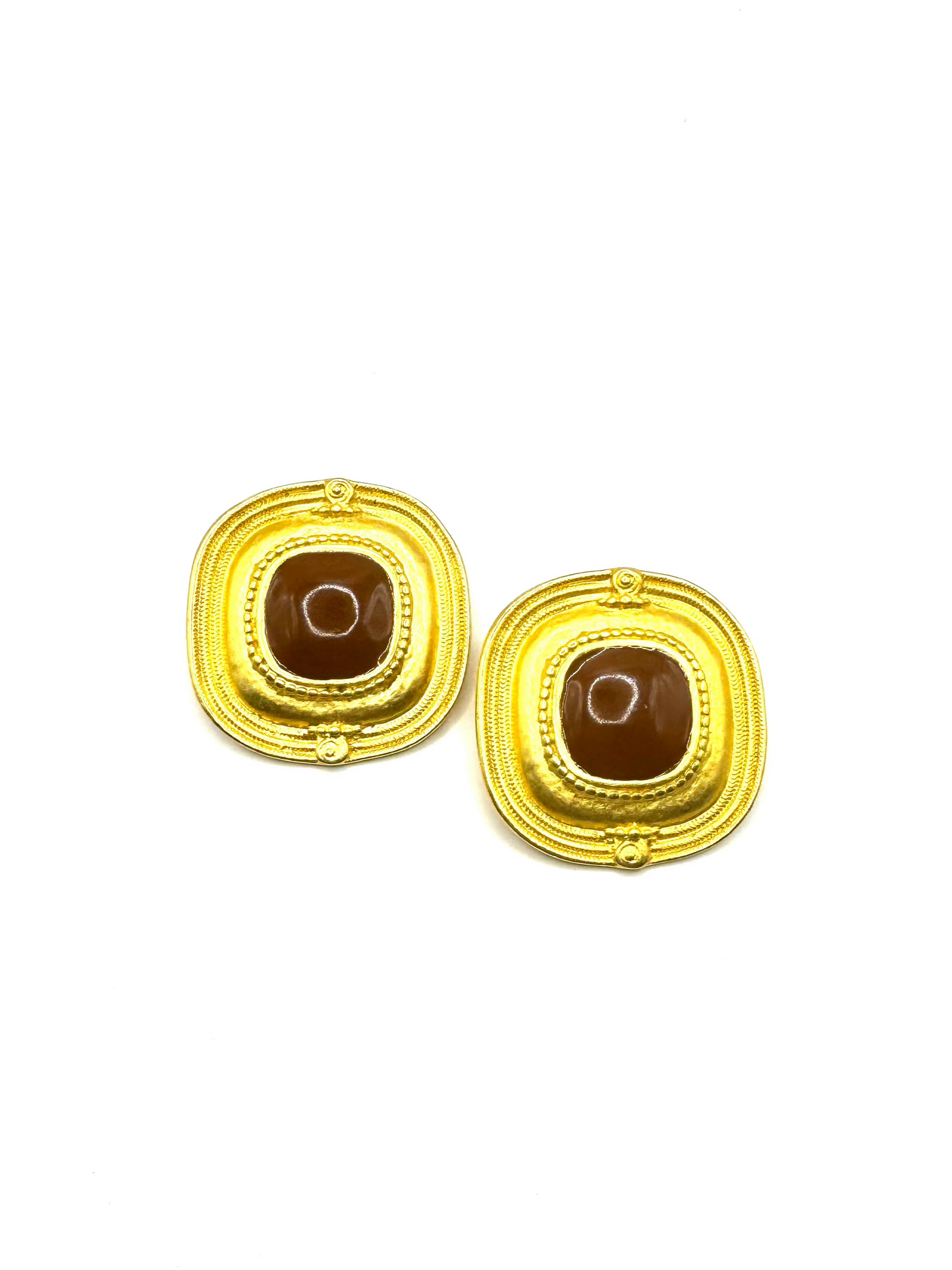 Vintage Chunky Brushed Gold Tone Etruscan Revival Clipon Earrings
