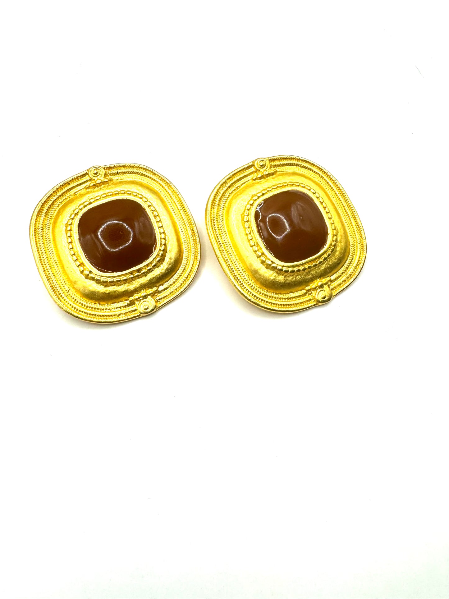Vintage Chunky Brushed Gold Tone Etruscan Revival Clipon Earrings
