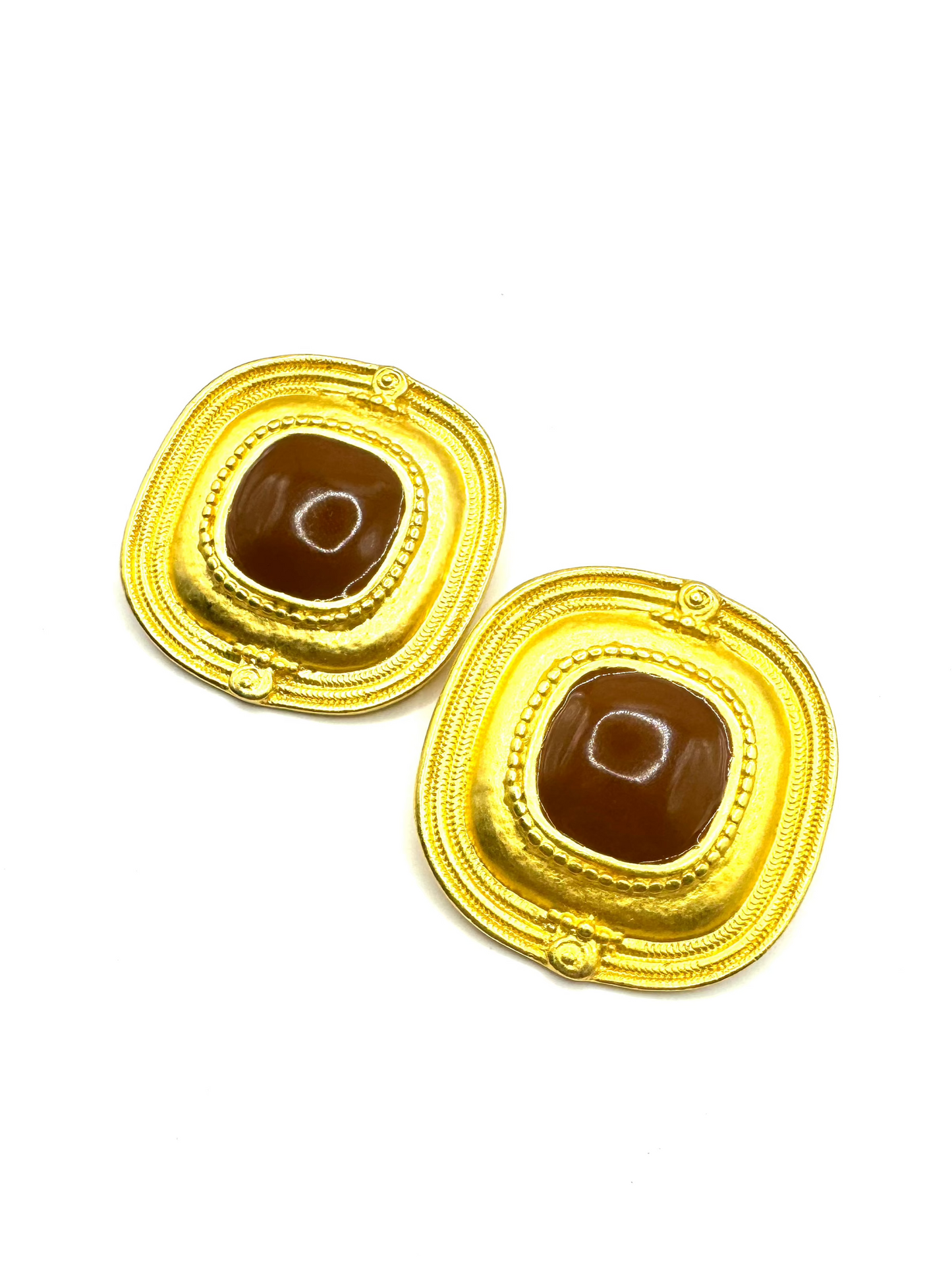 Vintage Chunky Brushed Gold Tone Etruscan Revival Clipon Earrings