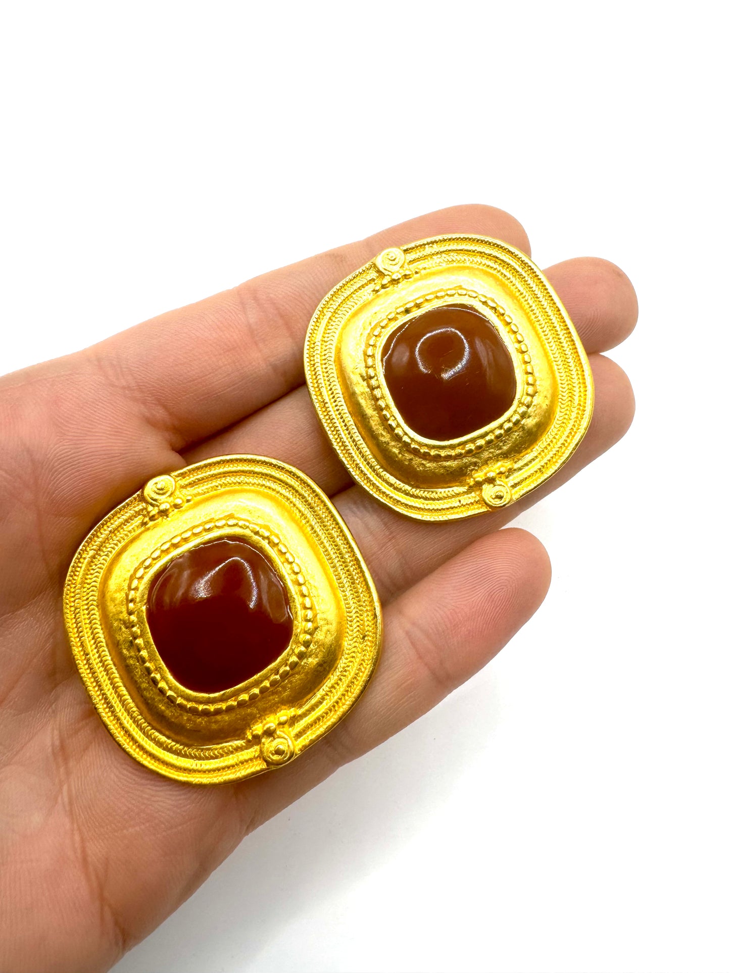 Vintage Chunky Brushed Gold Tone Etruscan Revival Clipon Earrings
