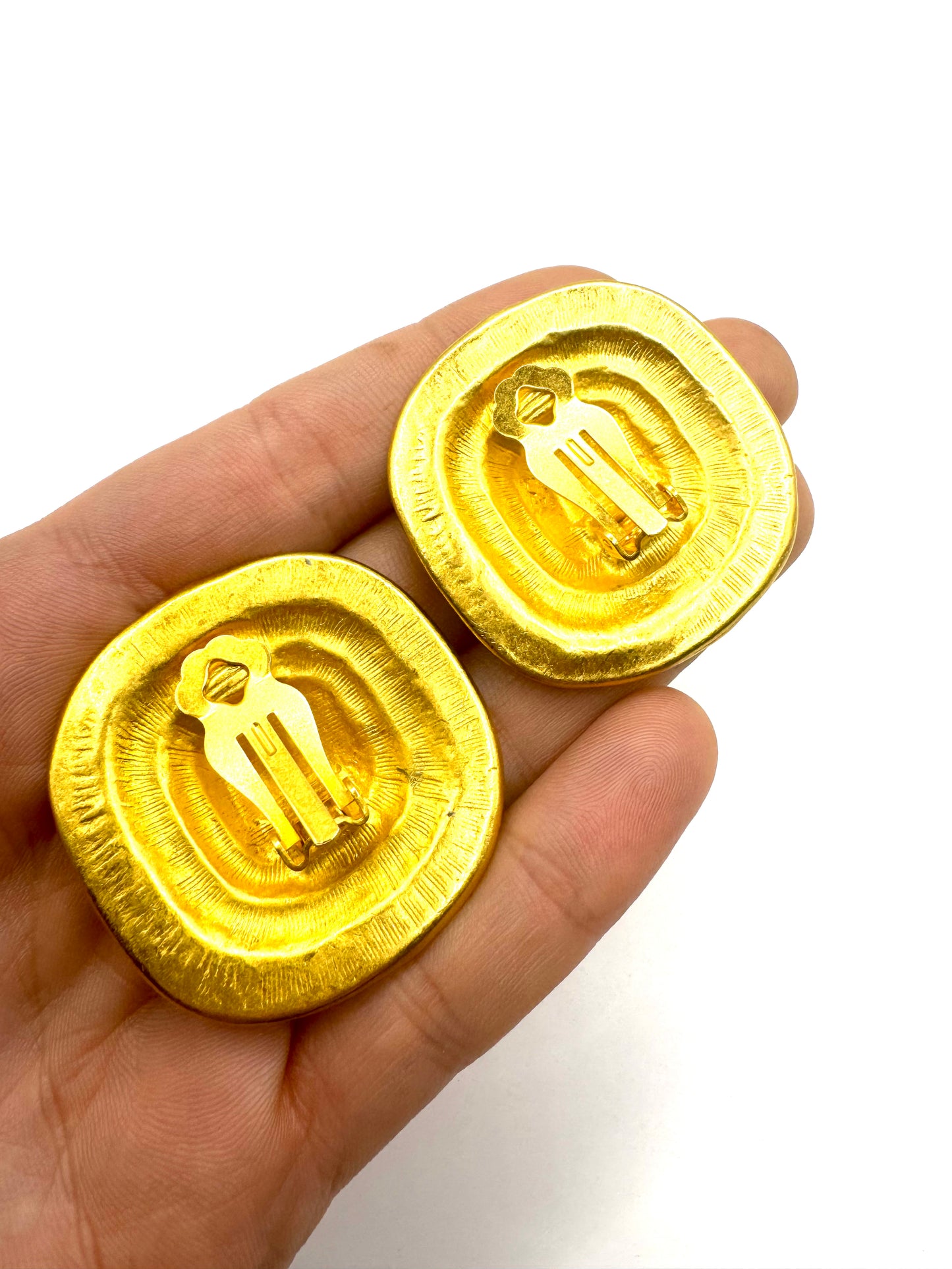 Vintage Chunky Brushed Gold Tone Etruscan Revival Clipon Earrings