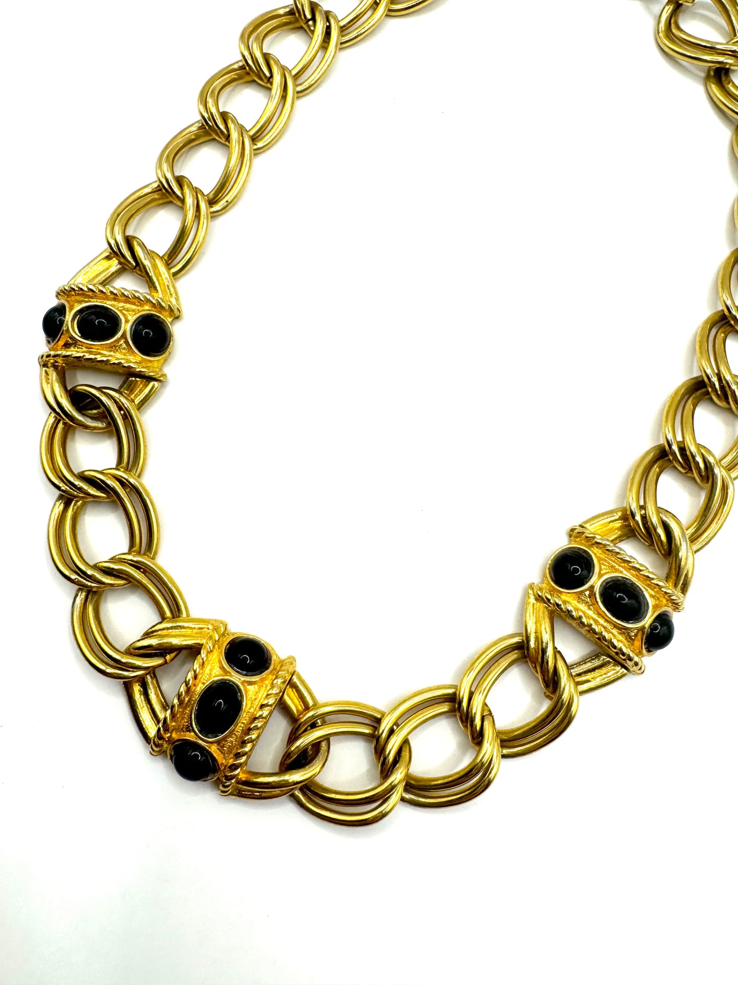 Vintage Chunky Gold Tone Black Lucite Cabochon Necklace