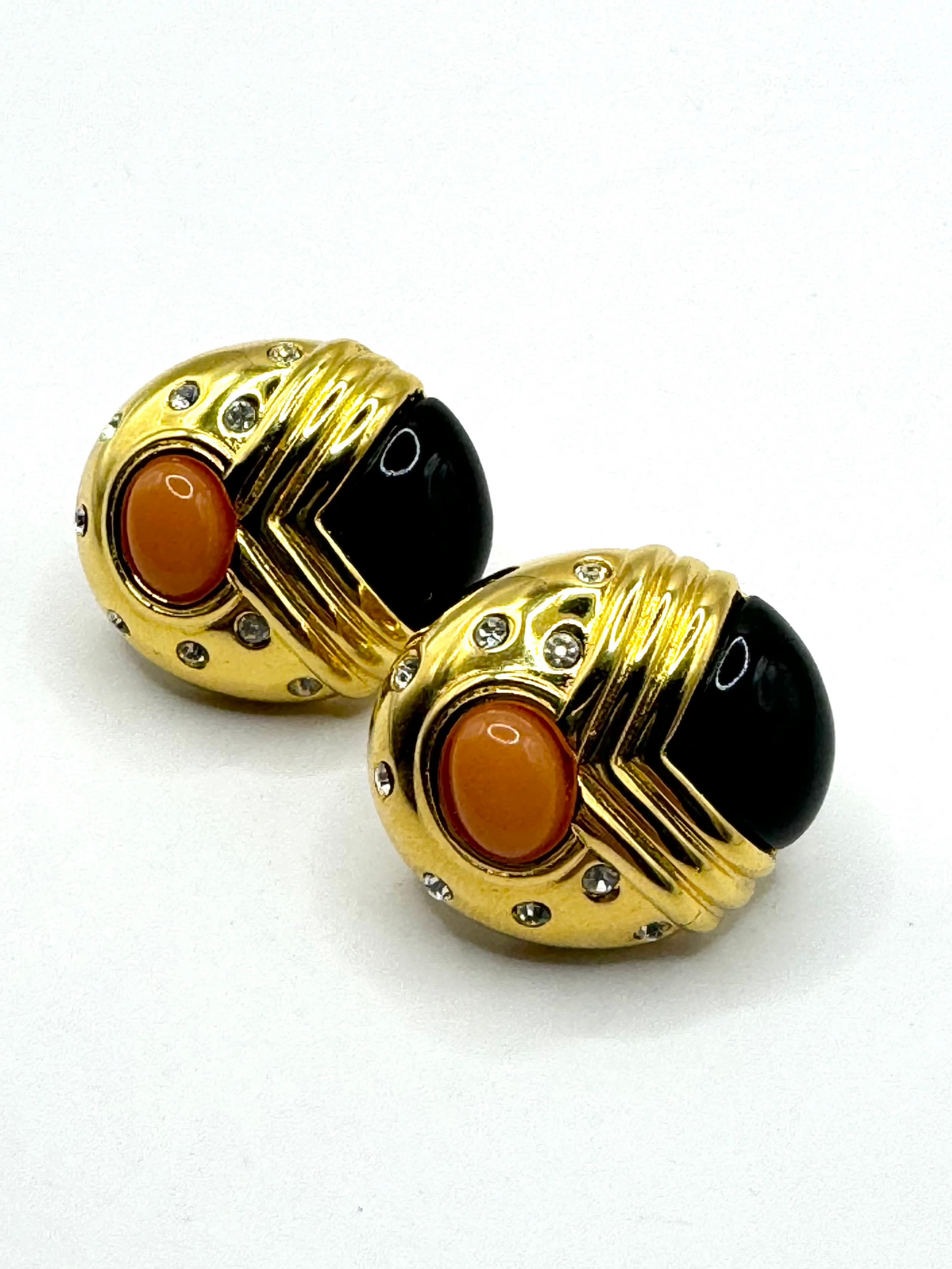 Vintage Joan Rivers Gold Tone Enamel Lucite Cabochon Rhinestone Clip on Earrings