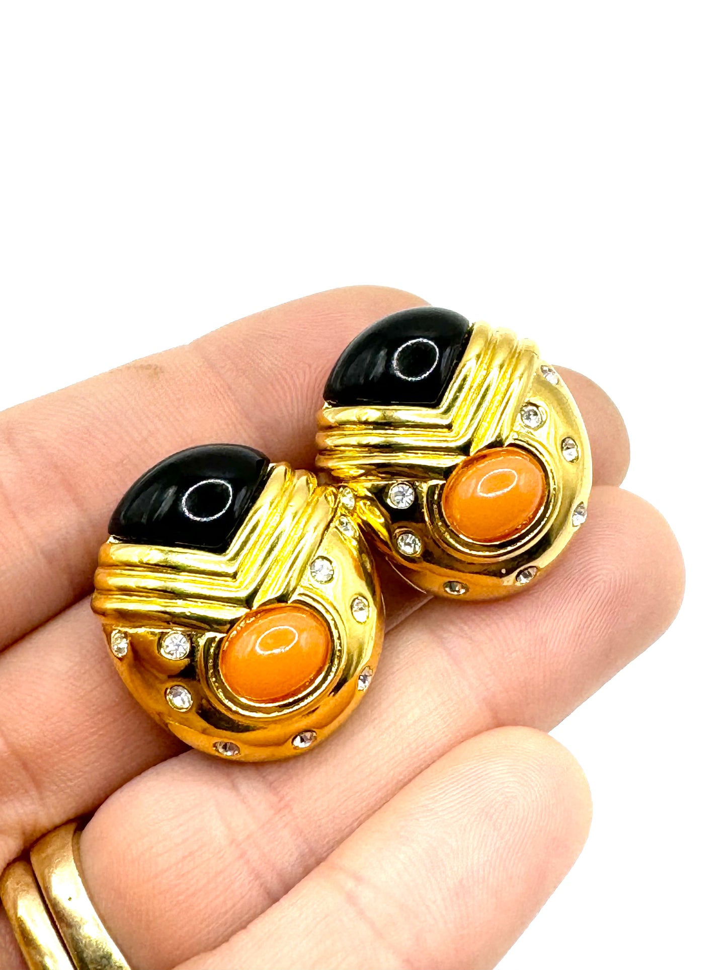 Vintage Joan Rivers Gold Tone Enamel Lucite Cabochon Rhinestone Clip on Earrings