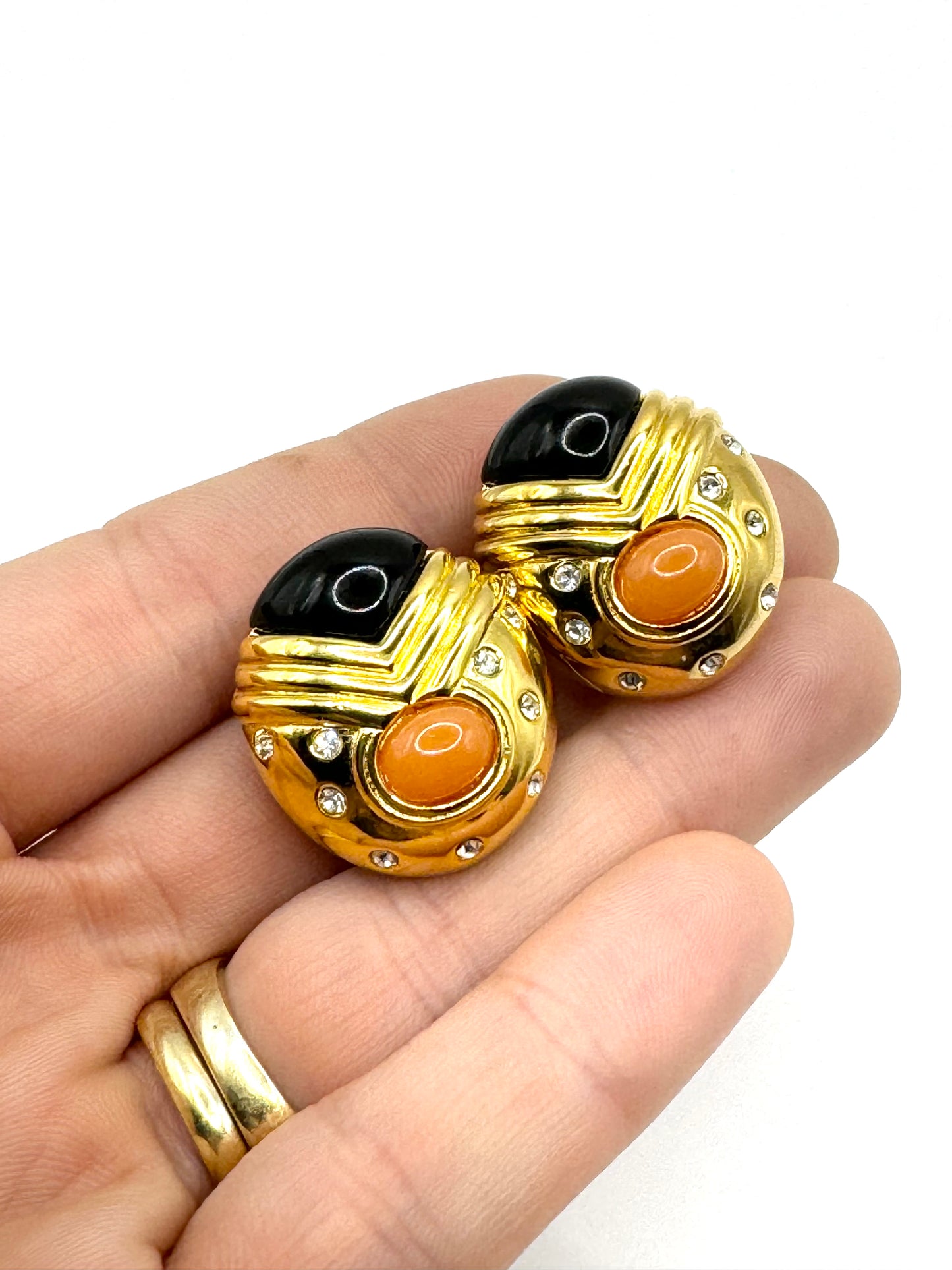 Vintage Joan Rivers Gold Tone Enamel Lucite Cabochon Rhinestone Clip on Earrings