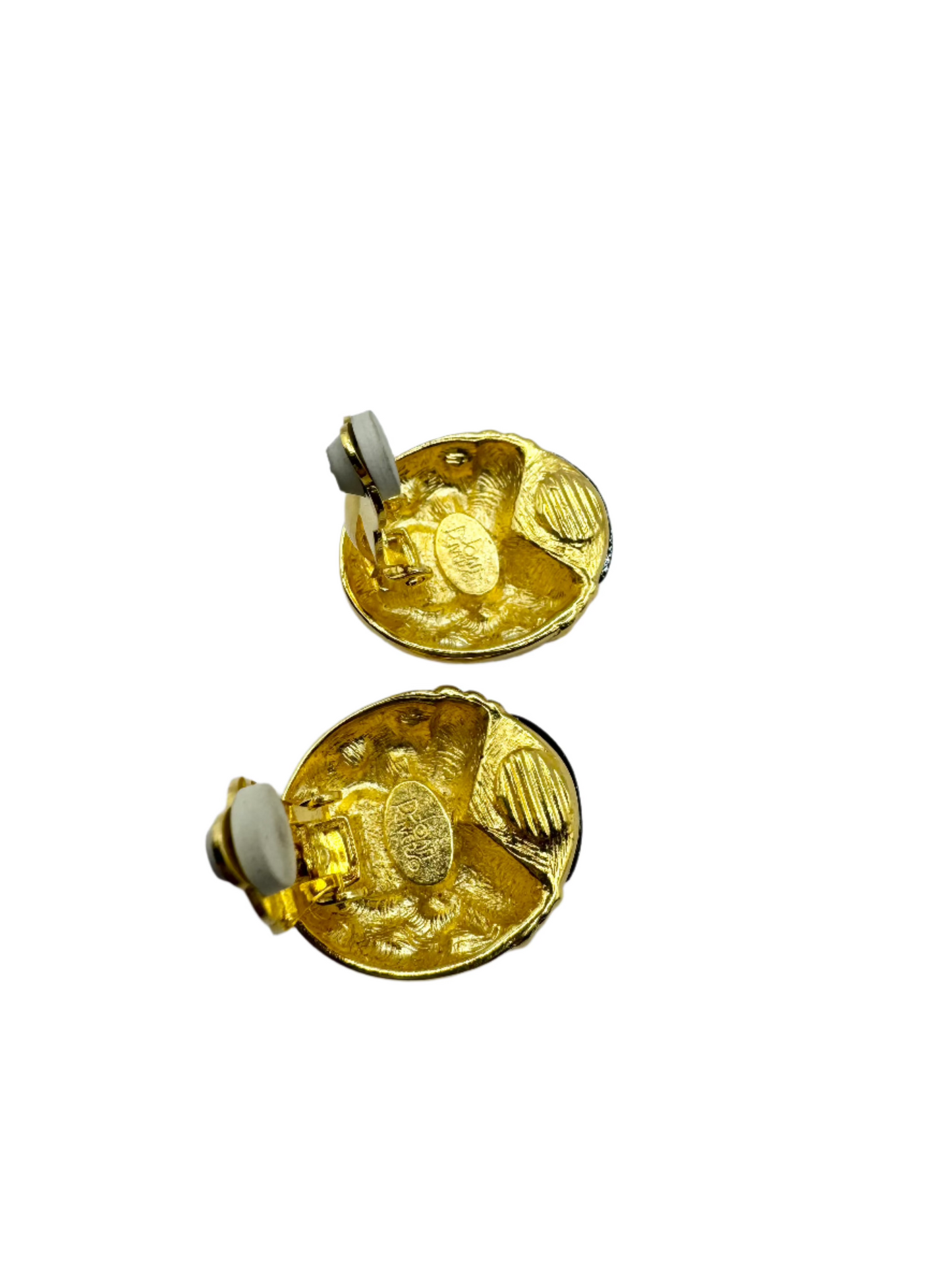 Vintage Joan Rivers Gold Tone Enamel Lucite Cabochon Rhinestone Clip on Earrings