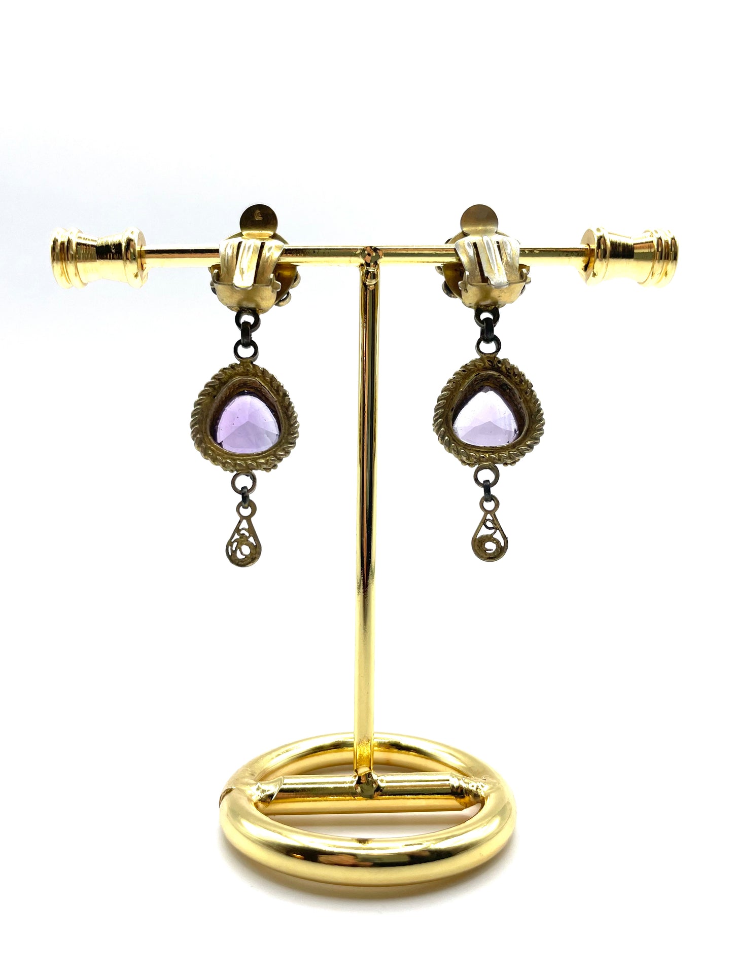 Vintage signed 'Israel 935' Silver Filigree, Purple Rhinestone and Pearls Teardrop Clip On Earrings
