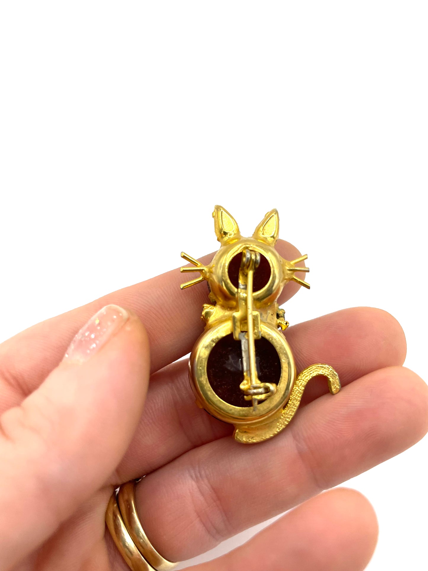 Vintage Gold Plated Cat Figure Brooch with Rhinestones