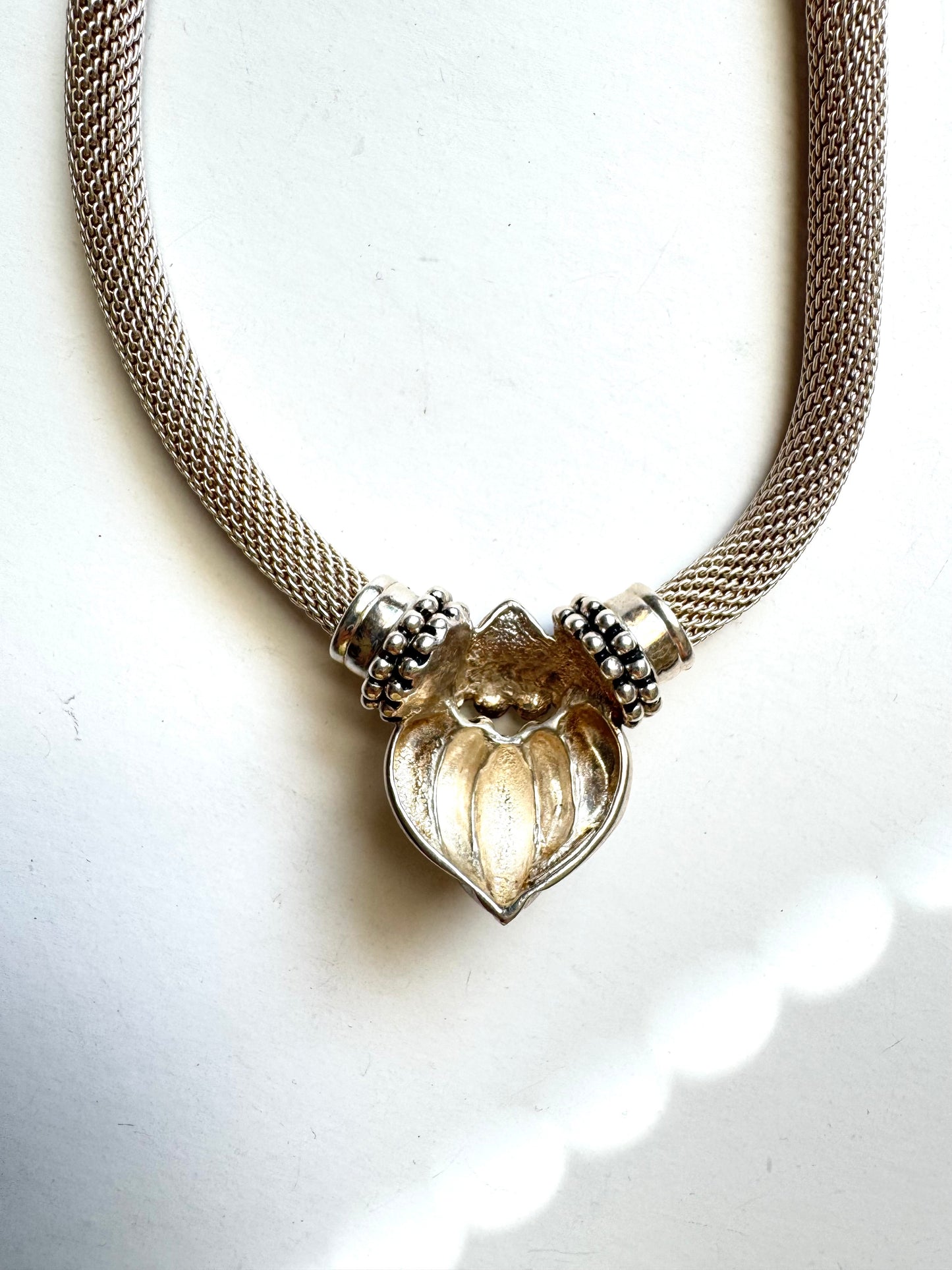 Vintage ESPO Sig 925 Sterling Silver Mesh Omega Choker Necklace with Sculptural Locket Pendant