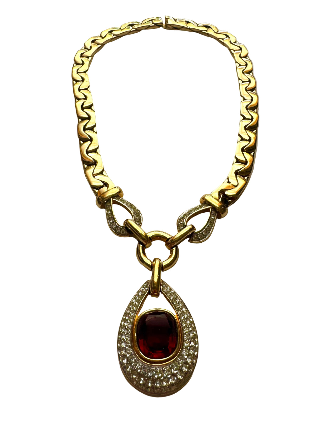Vintage Ciner Gold Tone Red Glass & Rhinestone Statement Necklace