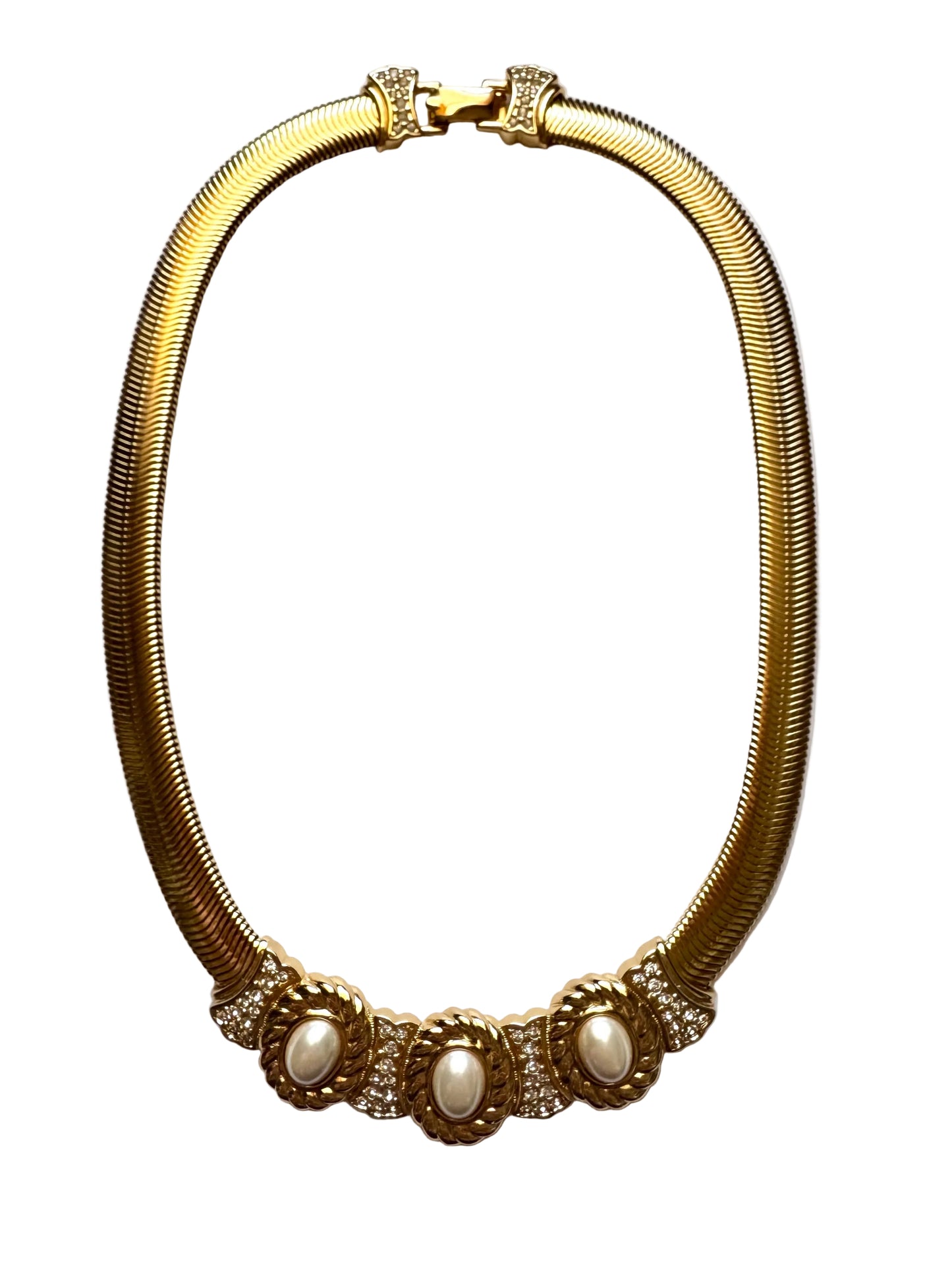Vintage Christian Dior Signed Gold Tone Snake Chain Faux Pearl Statement Necklace