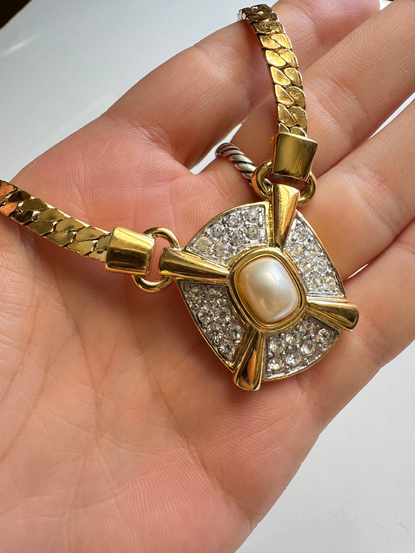 Vintage Faux Pearl & Rhinestone Statement Necklace