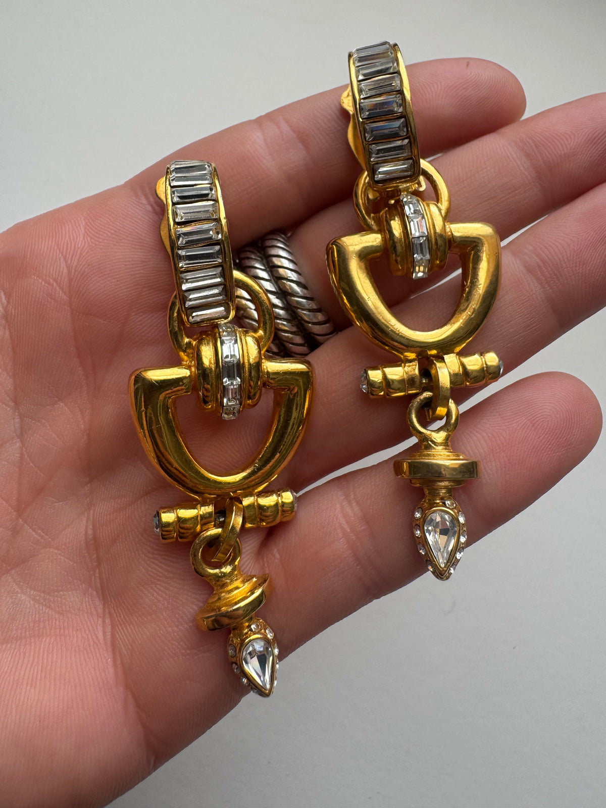 Vintage Robert Rose Gold Tone Baguette Rhinestone Geometric Drop Clip-On Earrings