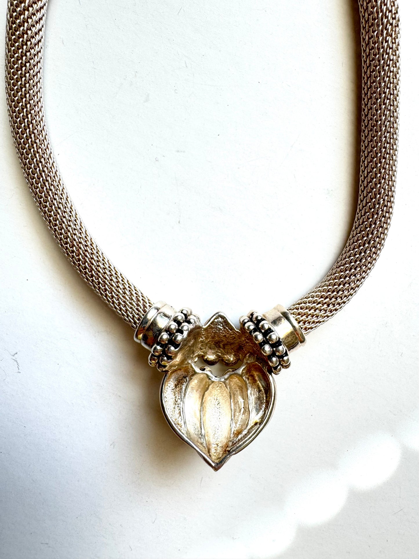 Vintage ESPO Sig 925 Sterling Silver Mesh Omega Choker Necklace with Sculptural Locket Pendant