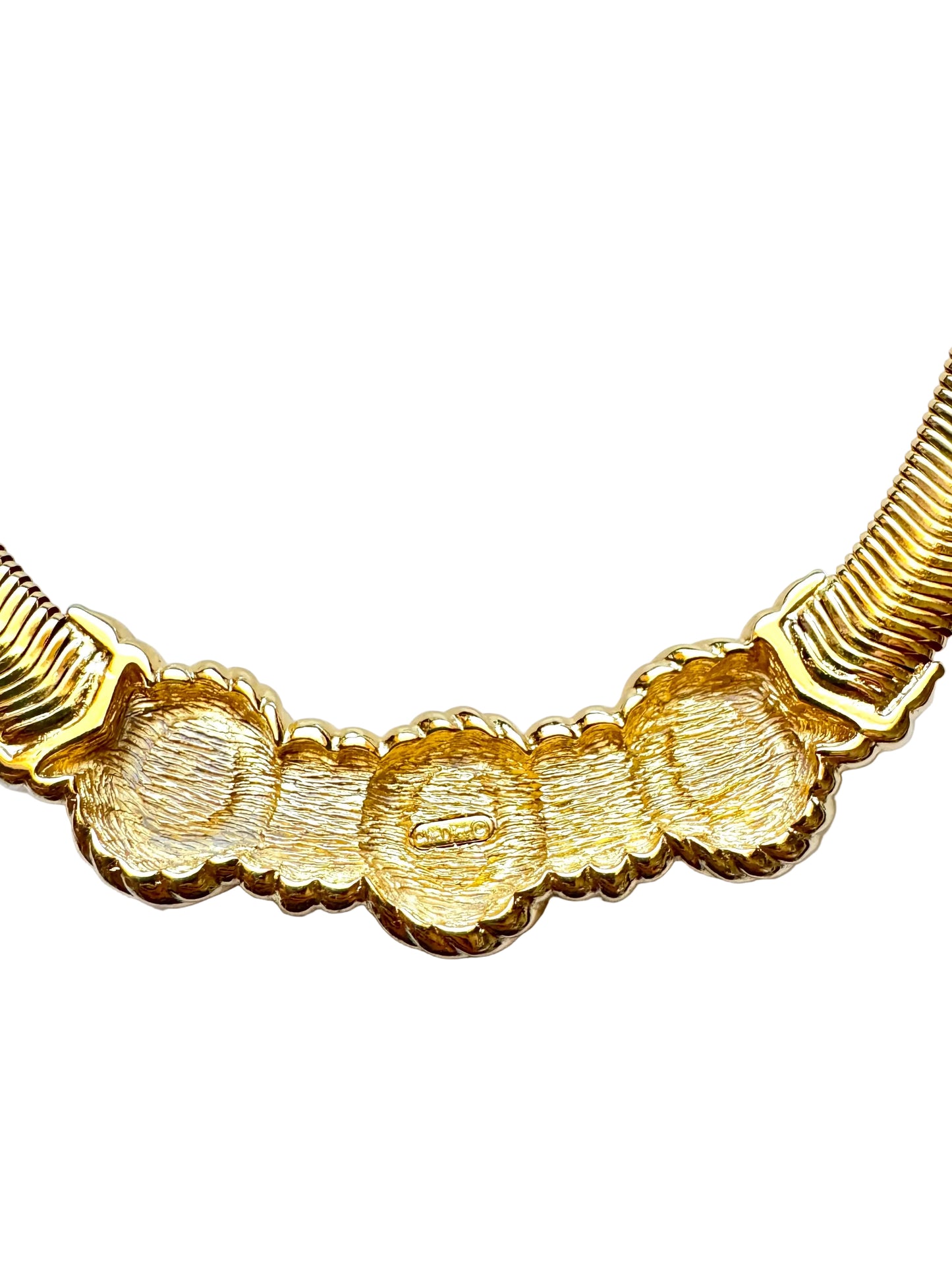 Vintage Christian Dior Signed Gold Tone Snake Chain Faux Pearl Statement Necklace