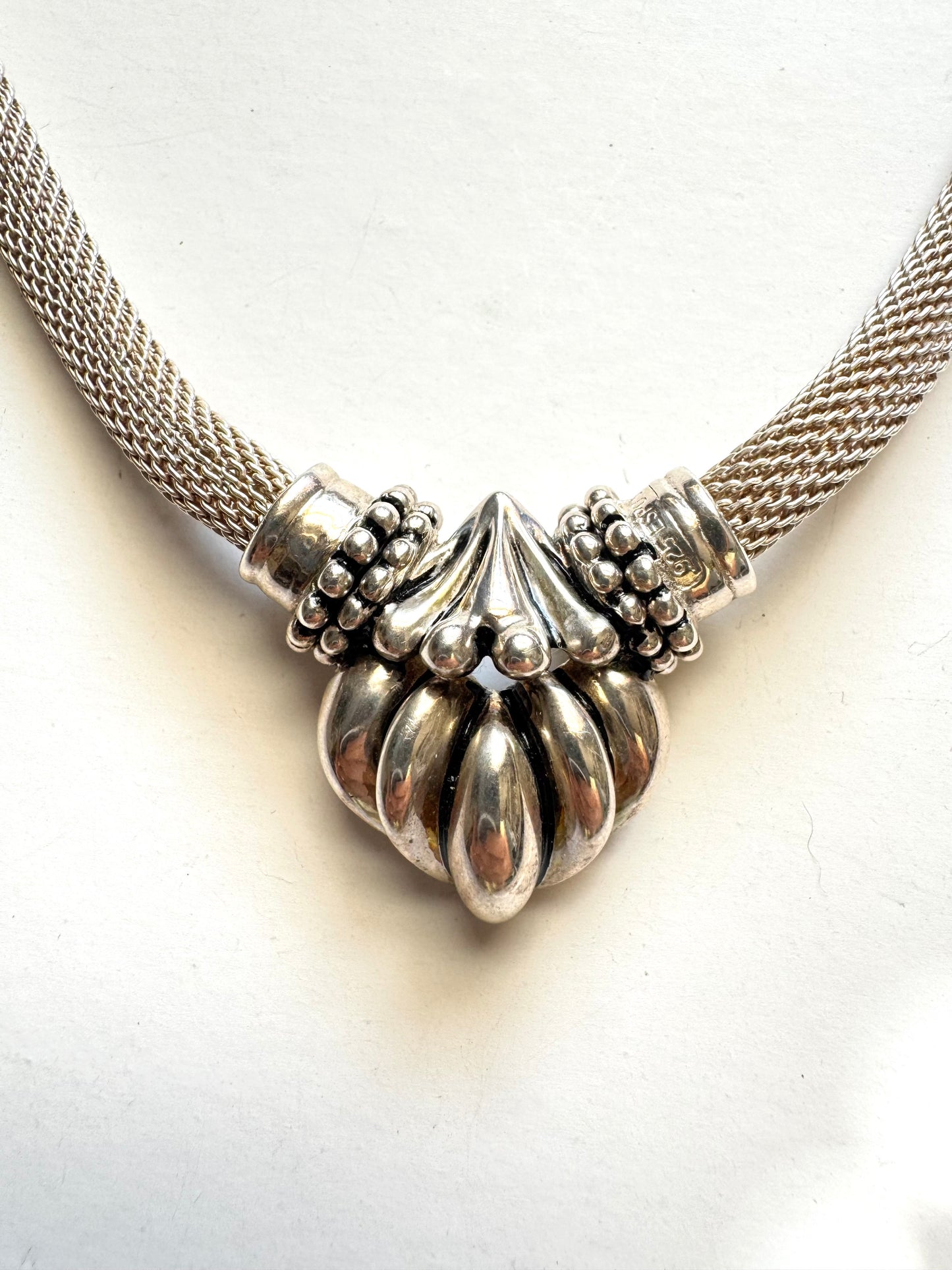 Vintage ESPO Sig 925 Sterling Silver Mesh Omega Choker Necklace with Sculptural Locket Pendant