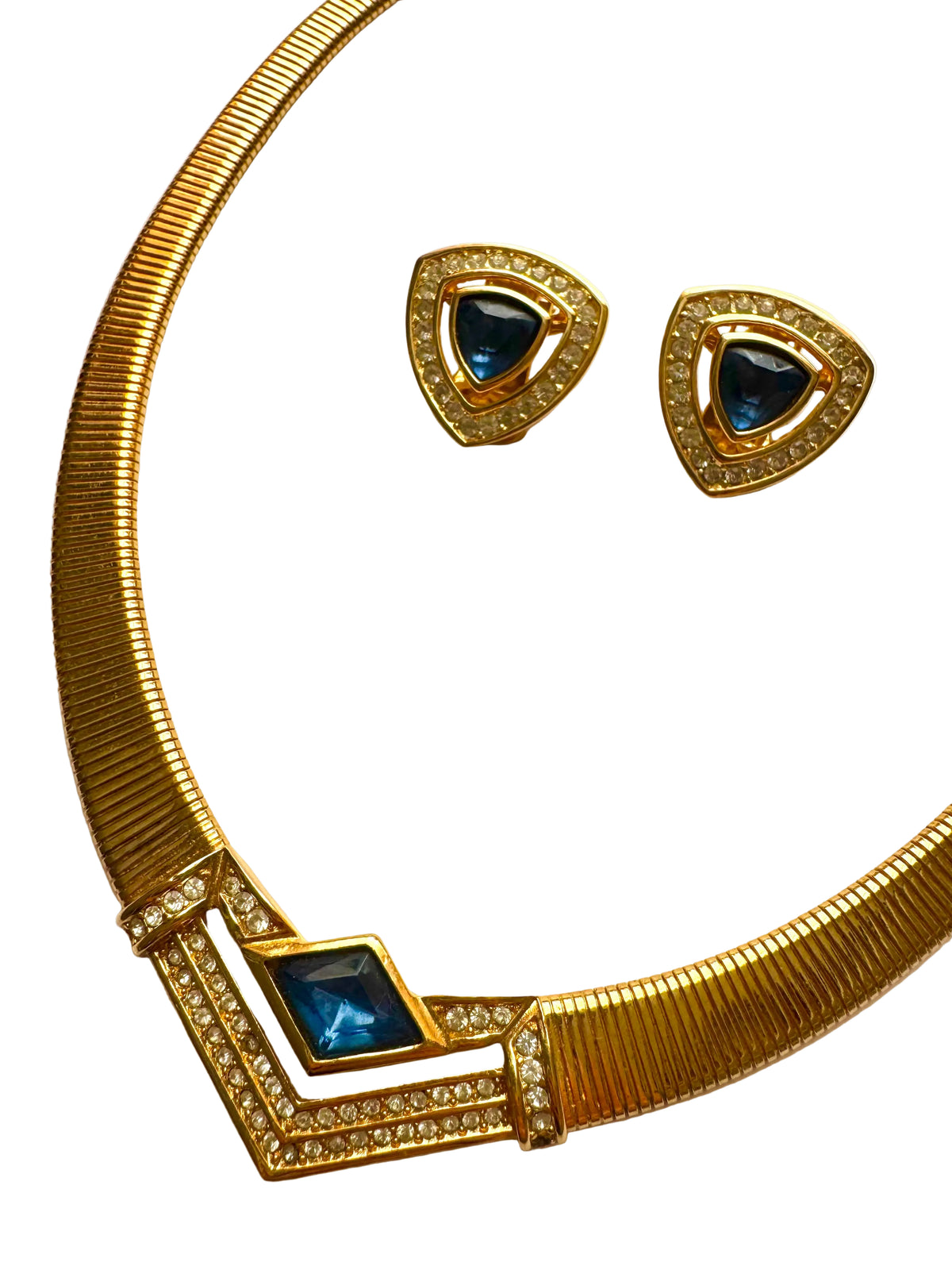Vintage Christian Dior Blue Crystal Gold Tone Necklace & Earrings Set