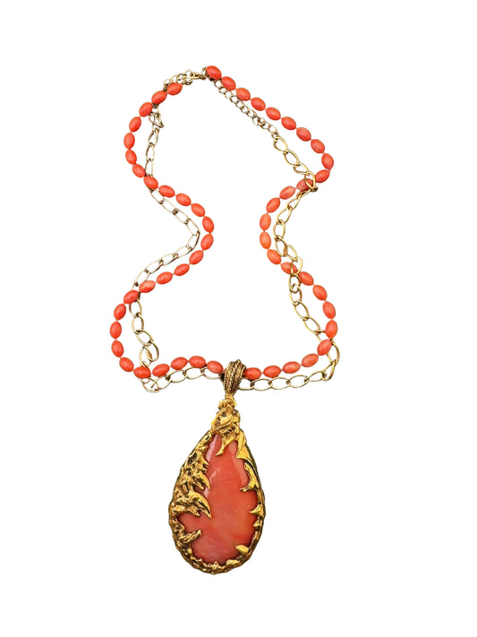 Vintage Love Witch Brutalist Faux Coral Statement Pendant Necklace 1960s