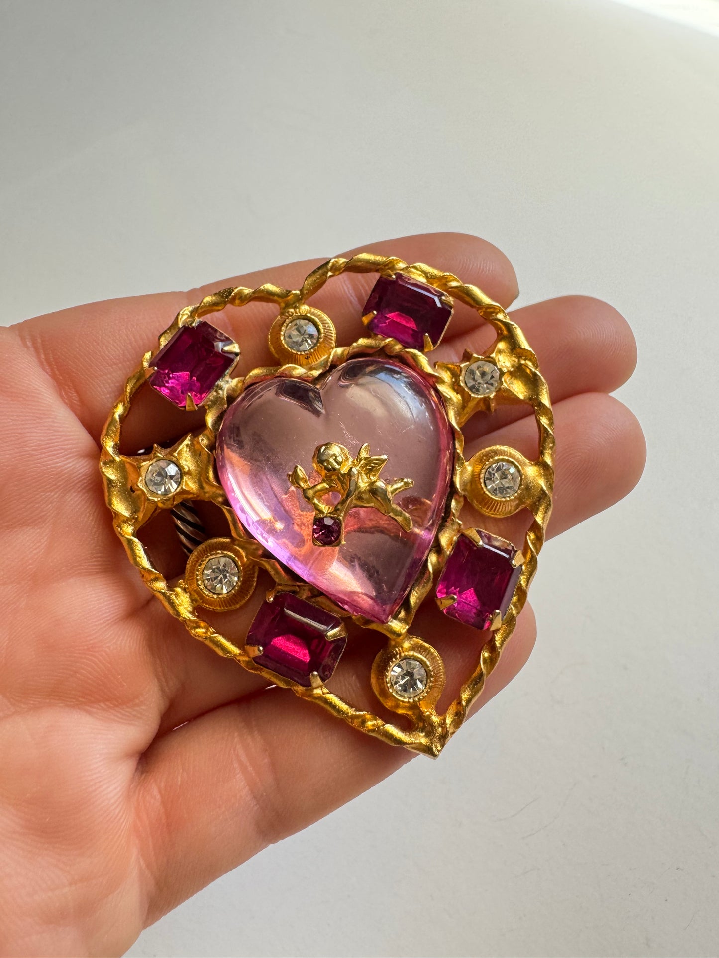 Vintage Unsigned Robert Rose Style Cupid Heart Brooch with Pink Lucite Heart