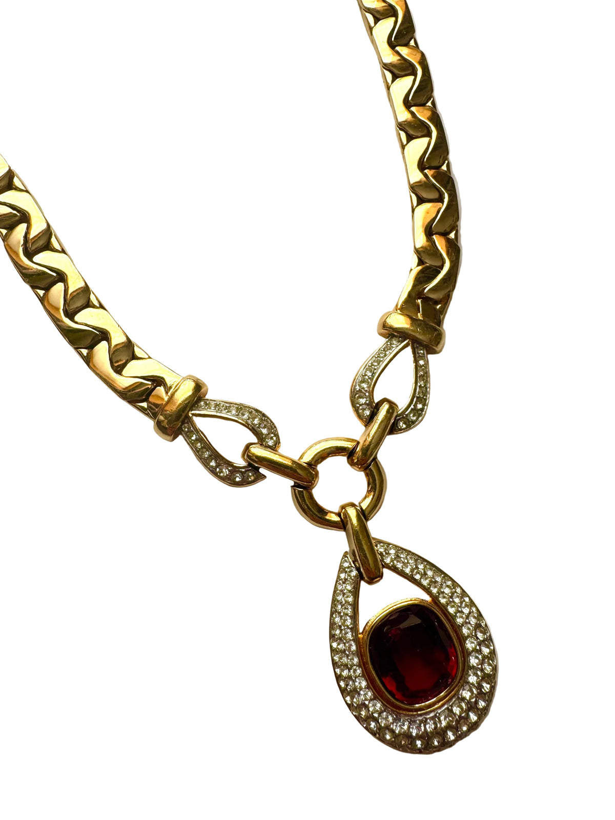 Vintage Ciner Gold Tone Red Glass & Rhinestone Statement Necklace