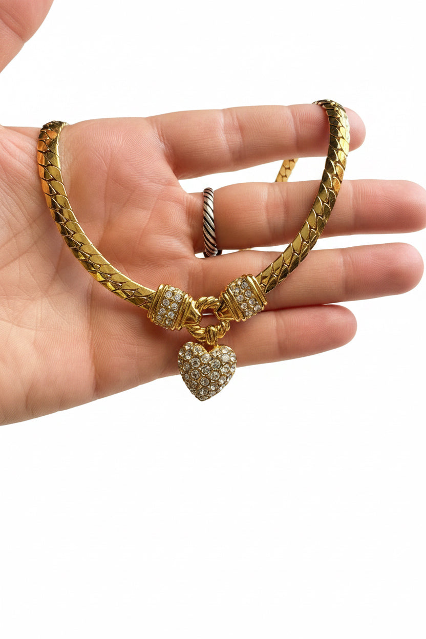 Vintage Swarovski Pave Crystal Heart Pendant Necklace