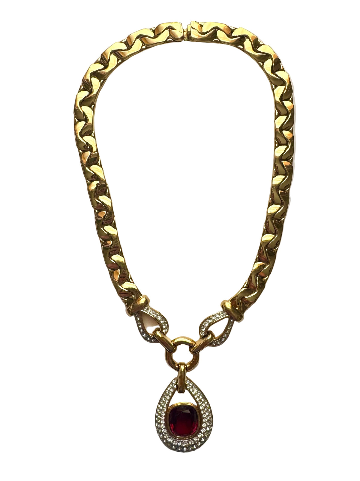 Vintage Ciner Gold Tone Red Glass & Rhinestone Statement Necklace