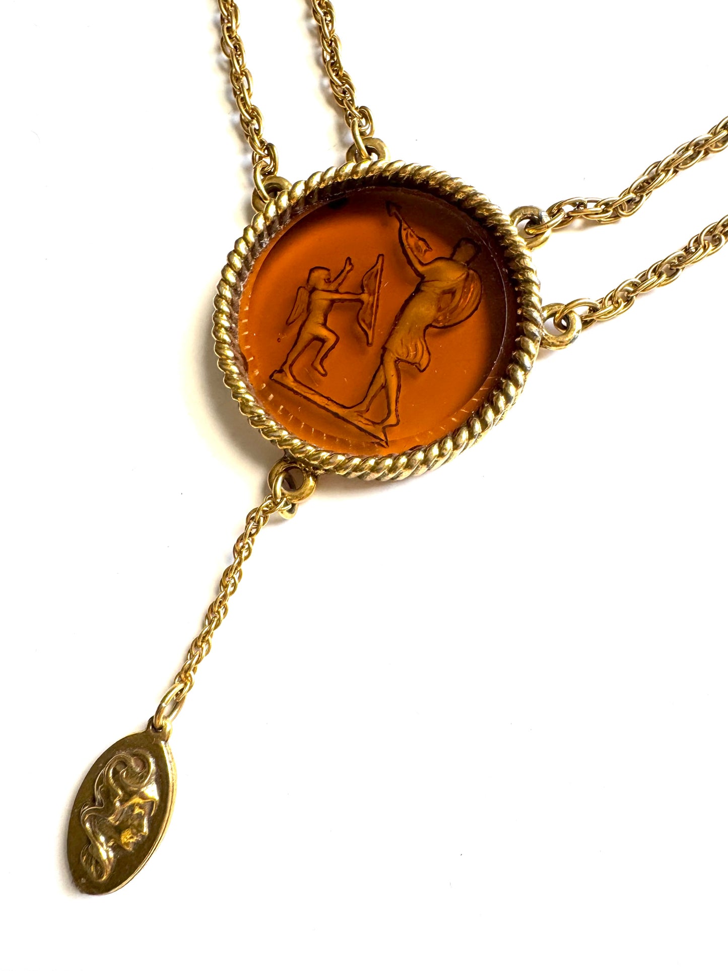 Vintage Amber Color Intaglio Neoclassic Medallion Double Chain Necklace