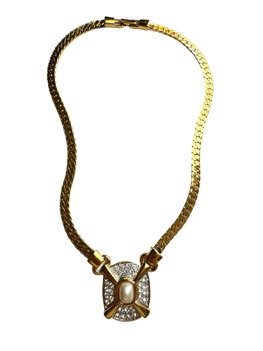 Vintage Faux Pearl & Rhinestone Statement Necklace