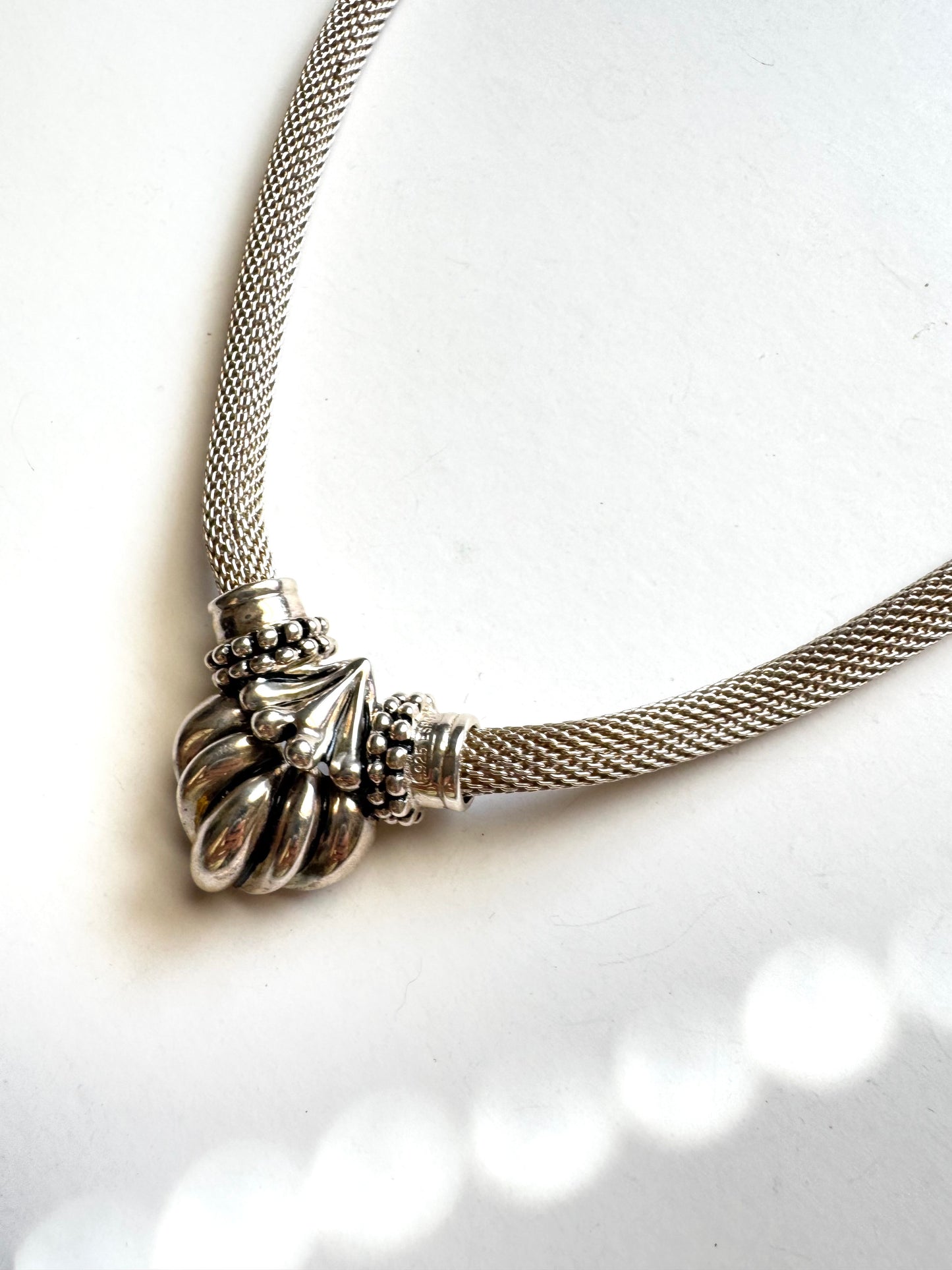 Vintage ESPO Sig 925 Sterling Silver Mesh Omega Choker Necklace with Sculptural Locket Pendant