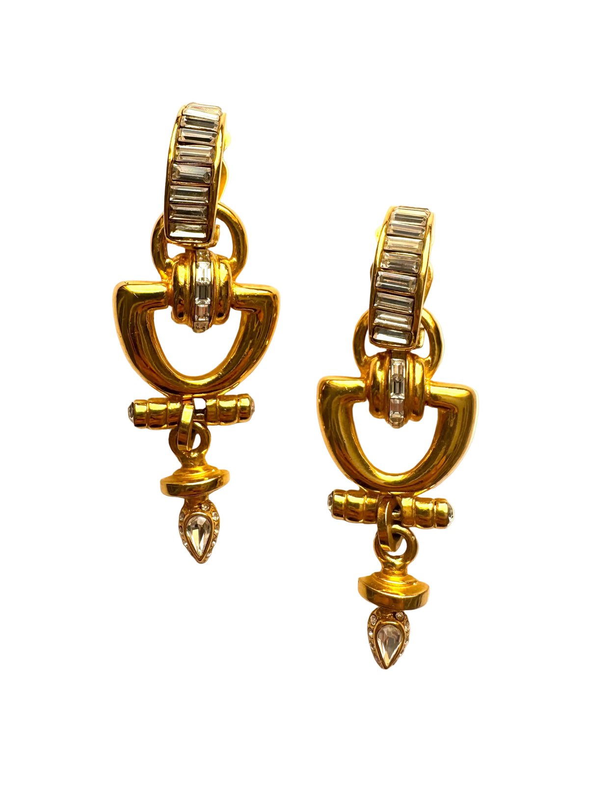 Vintage Robert Rose Gold Tone Baguette Rhinestone Geometric Drop Clip-On Earrings