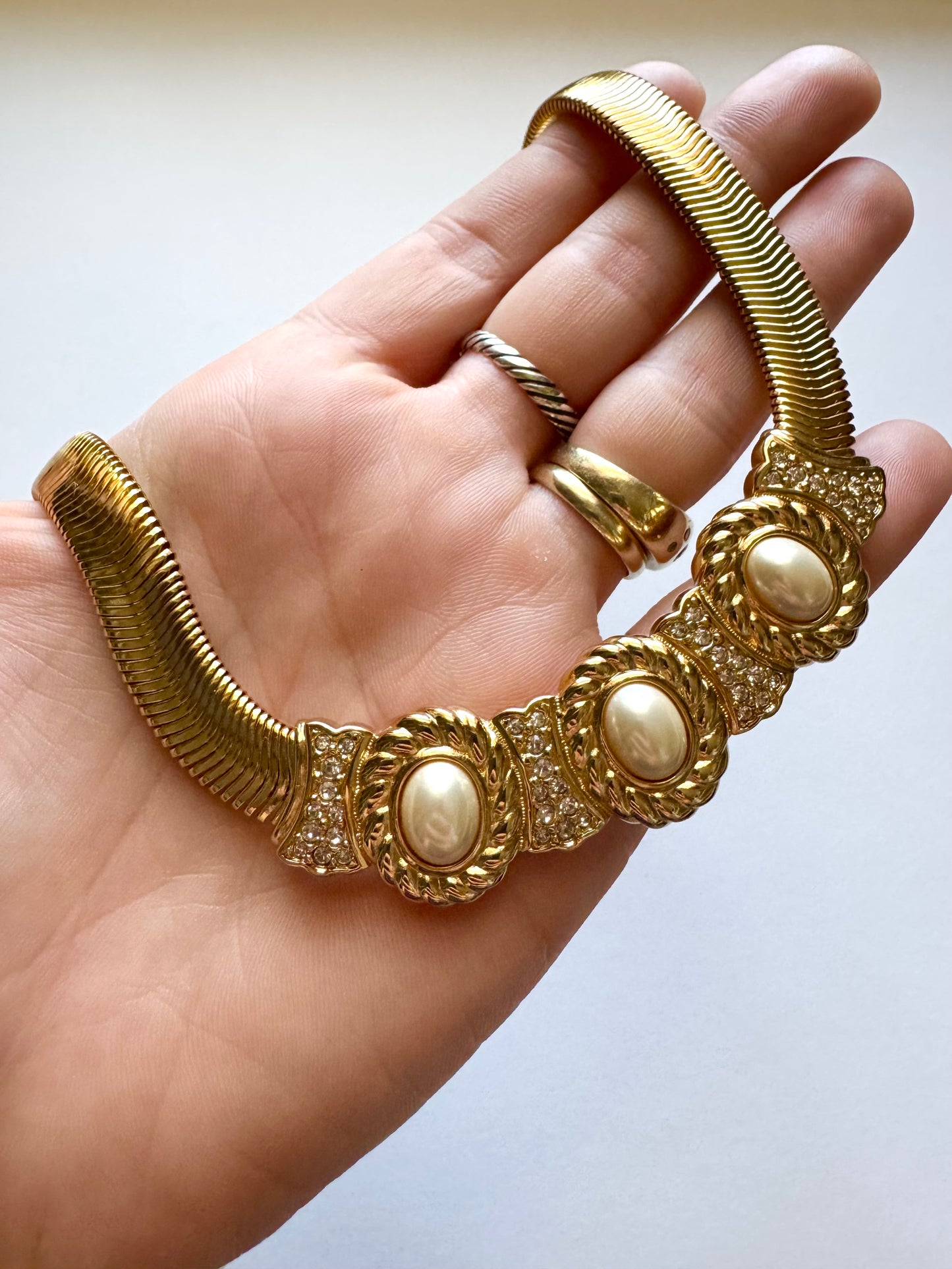 Vintage Christian Dior Signed Gold Tone Snake Chain Faux Pearl Statement Necklace
