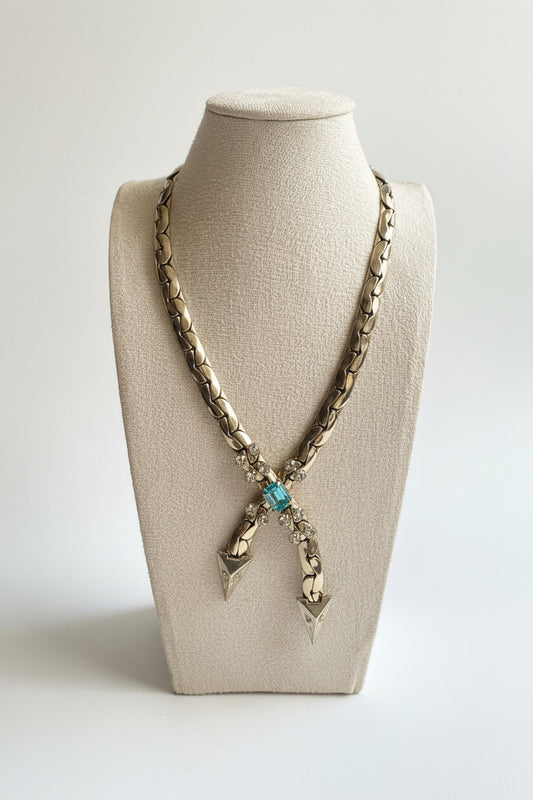 Vintage Kafin Statement Necklace with Aqua Crystal & Rhinestones