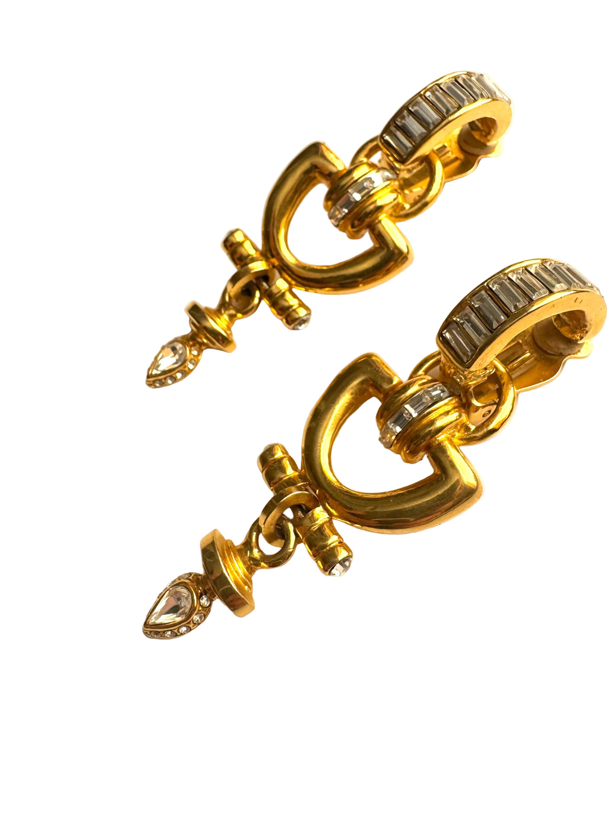 Vintage Robert Rose Gold Tone Baguette Rhinestone Geometric Drop Clip-On Earrings