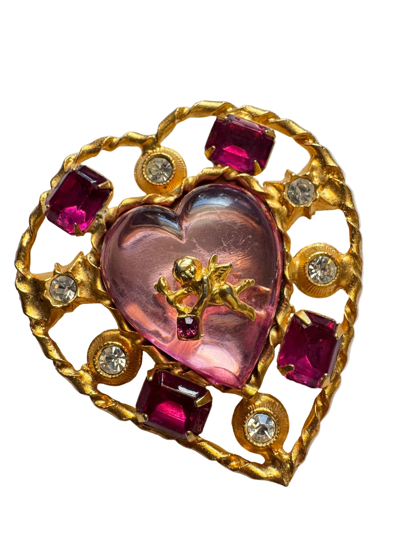 Vintage Unsigned Robert Rose Style Cupid Heart Brooch with Pink Lucite Heart