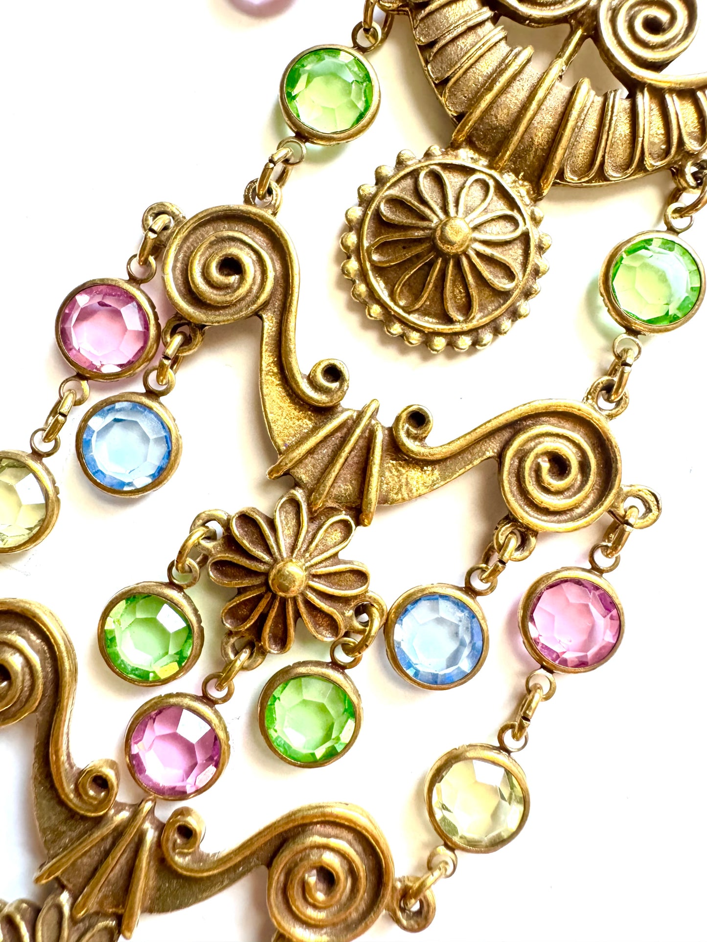 Vintage Victorian Revival Pastel Crystal Bib Necklace in Gold Tone