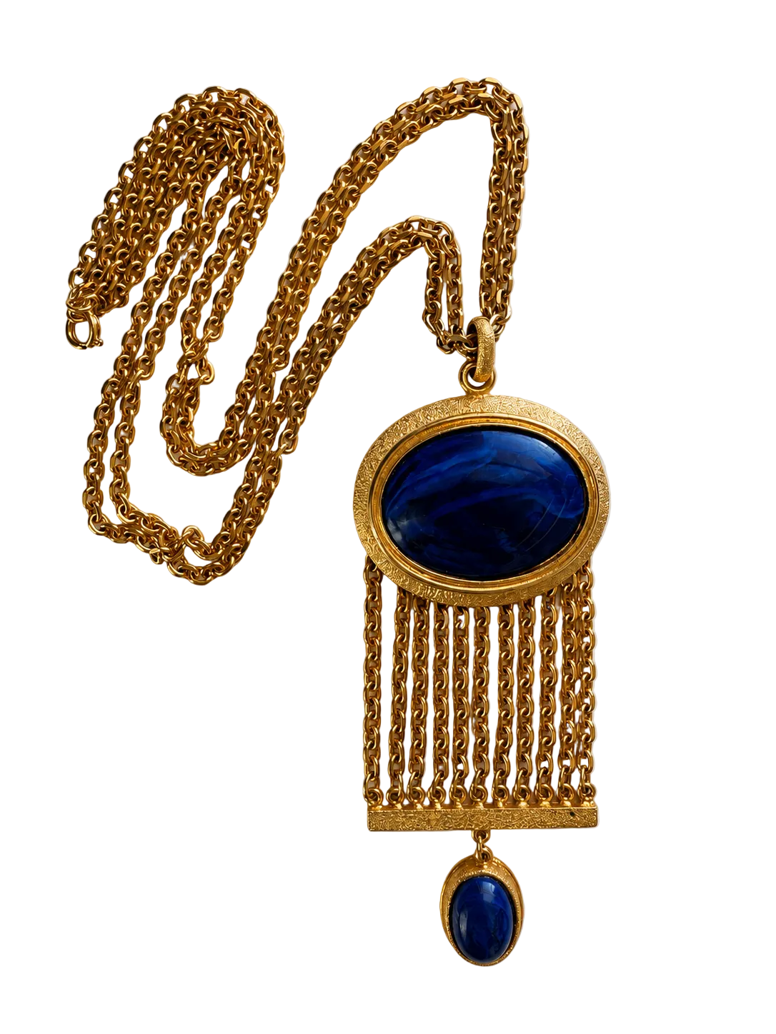 Vintage Cobalt Blue Lucite Style Cabochon Gold Tone Fringe Pendant Necklace