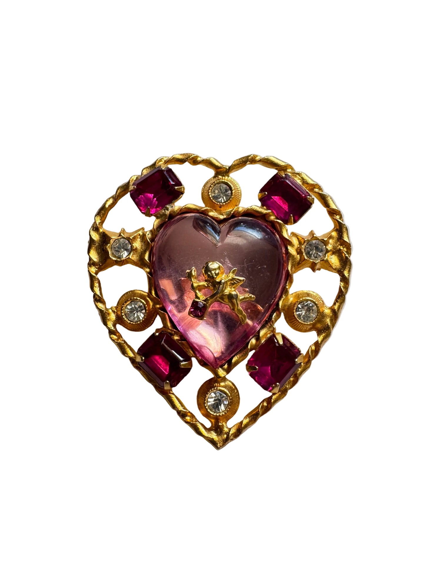 Vintage Unsigned Robert Rose Style Cupid Heart Brooch with Pink Lucite Heart