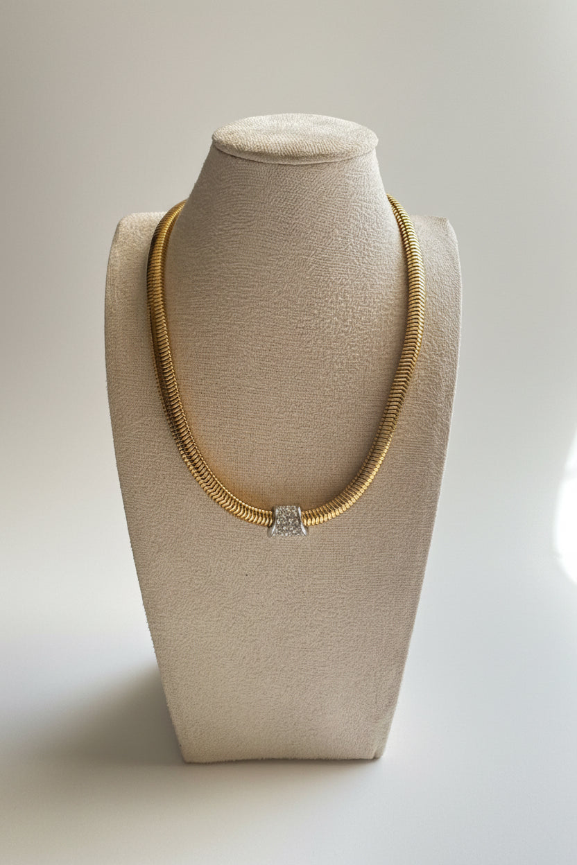 Vintage Crown Trifari Gold Tone Snake Chain Necklace with Rhinestone Centerpiece