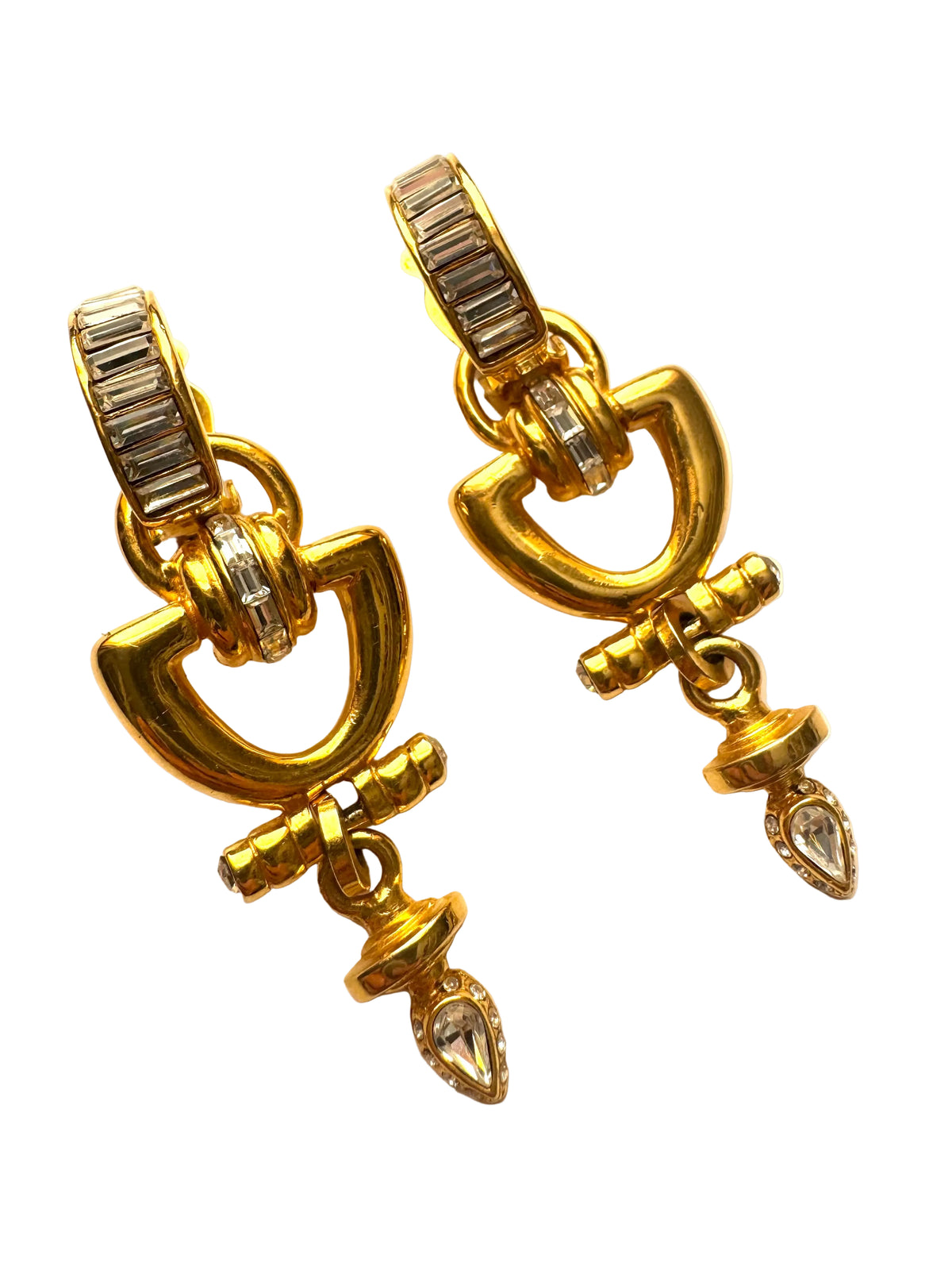 Vintage Robert Rose Gold Tone Baguette Rhinestone Geometric Drop Clip-On Earrings