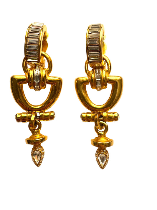 Vintage Robert Rose Gold Tone Baguette Rhinestone Geometric Drop Clip-On Earrings