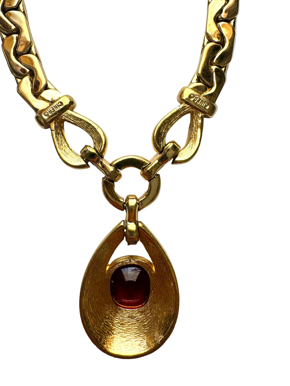 Vintage Ciner Gold Tone Red Glass & Rhinestone Statement Necklace