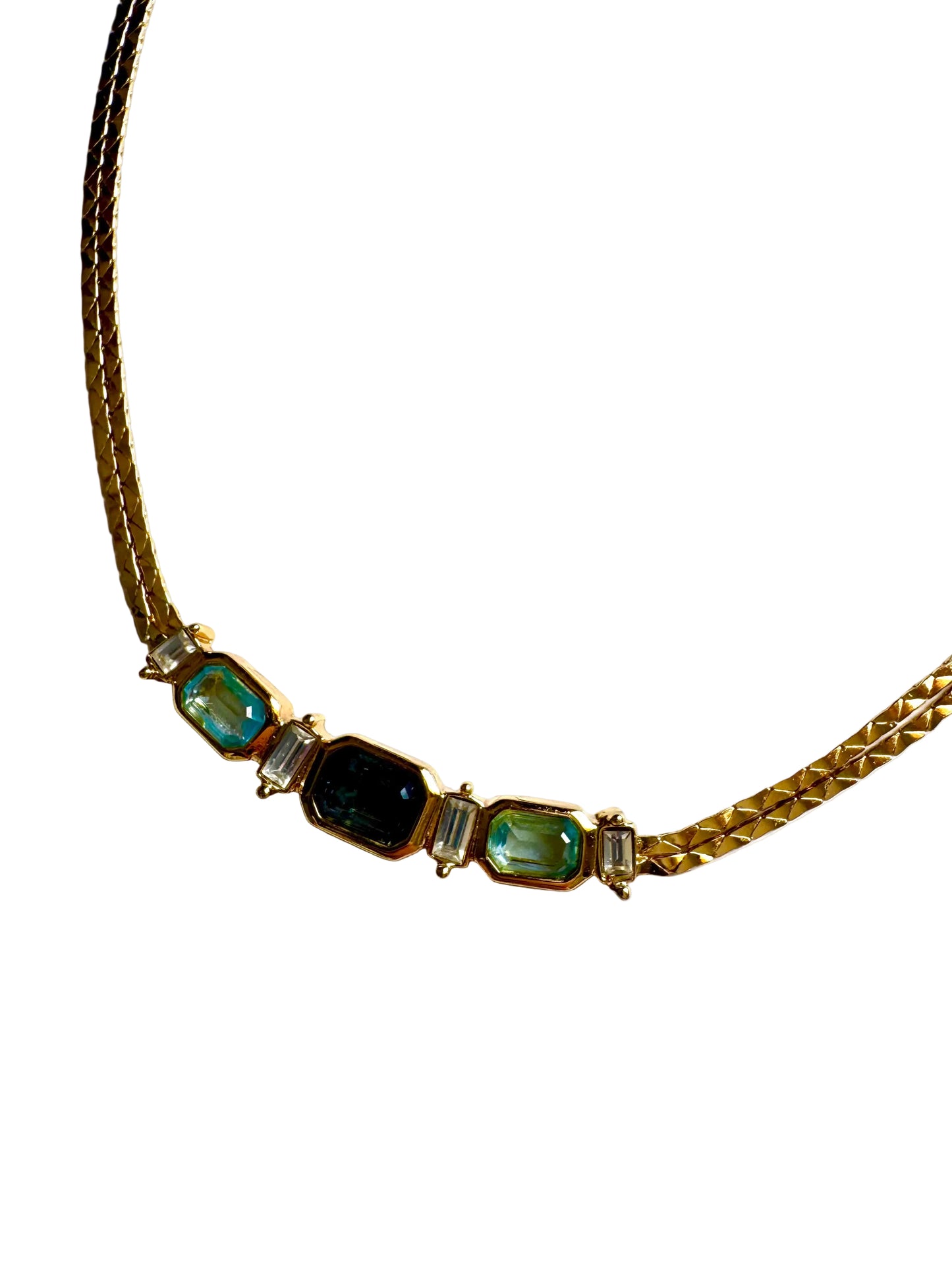 Vintage Christian Dior Blue Crystal Double Chain Herringbone Necklace