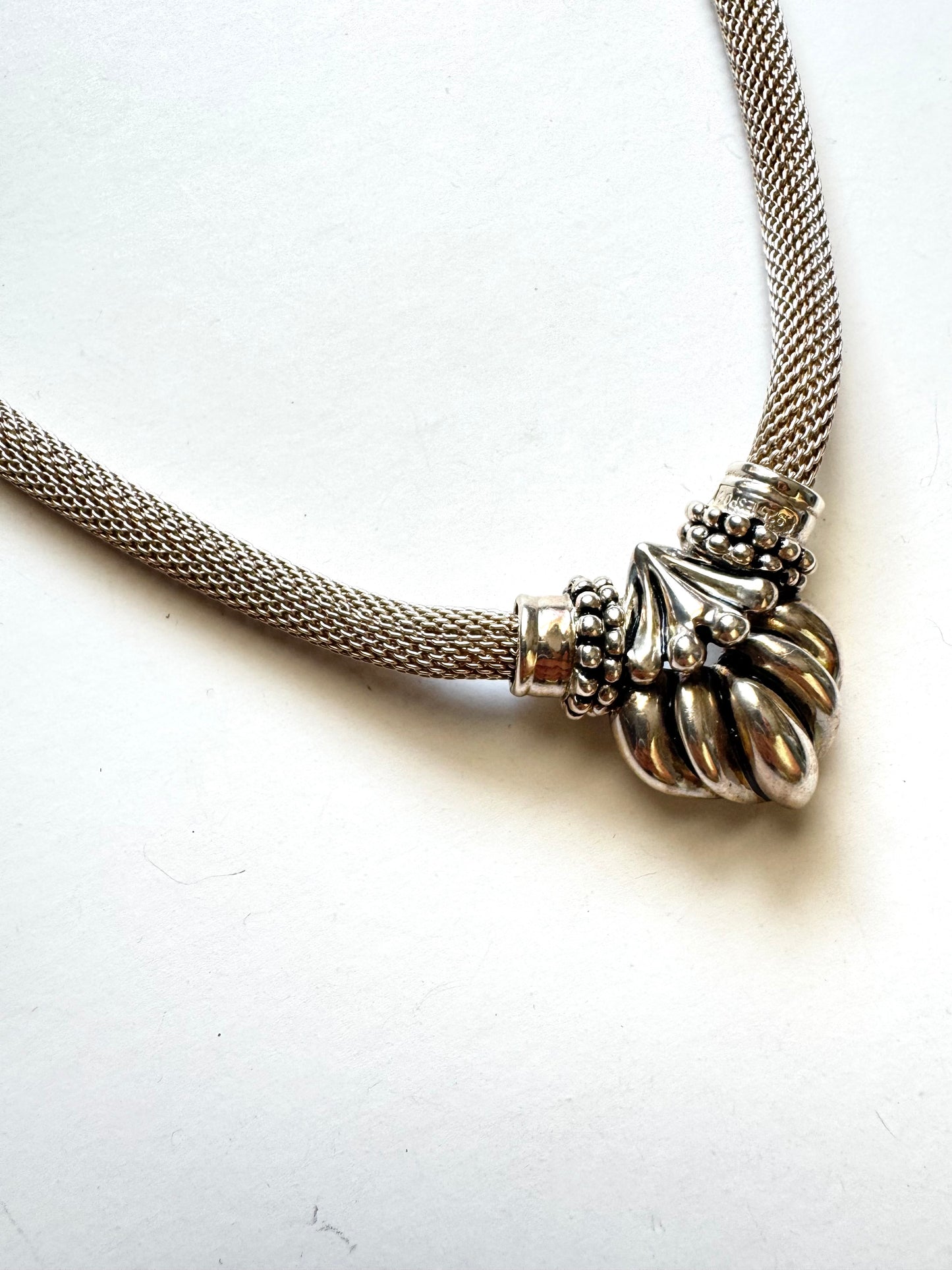Vintage ESPO Sig 925 Sterling Silver Mesh Omega Choker Necklace with Sculptural Locket Pendant