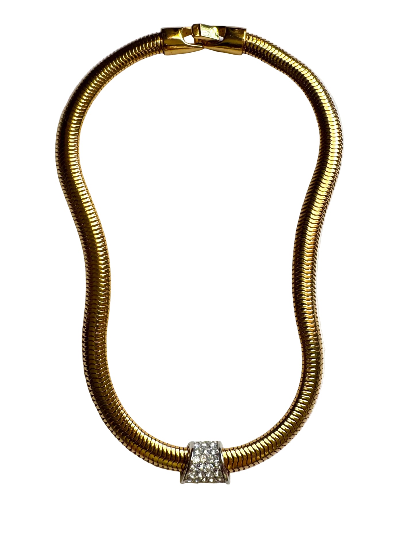 Vintage Crown Trifari Gold Tone Snake Chain Necklace with Rhinestone Centerpiece