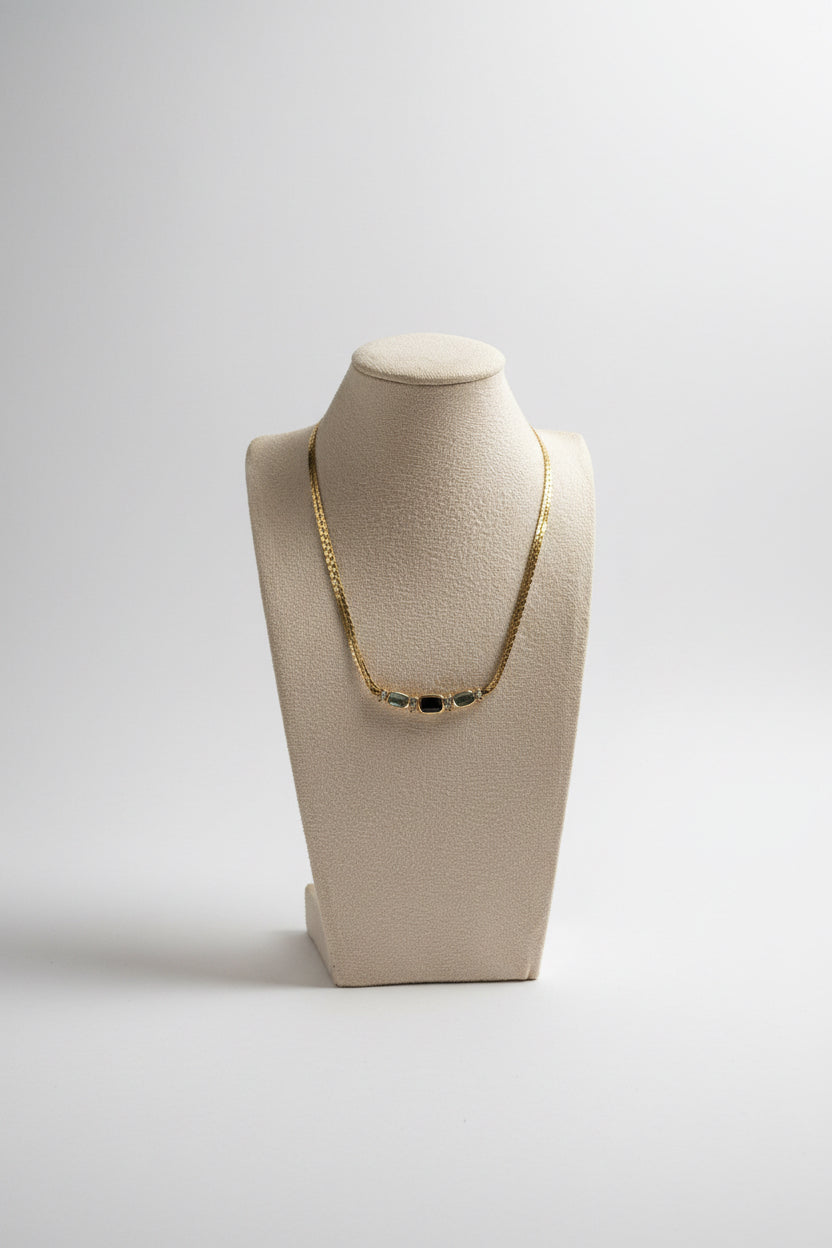 Vintage Christian Dior Blue Crystal Double Chain Herringbone Necklace