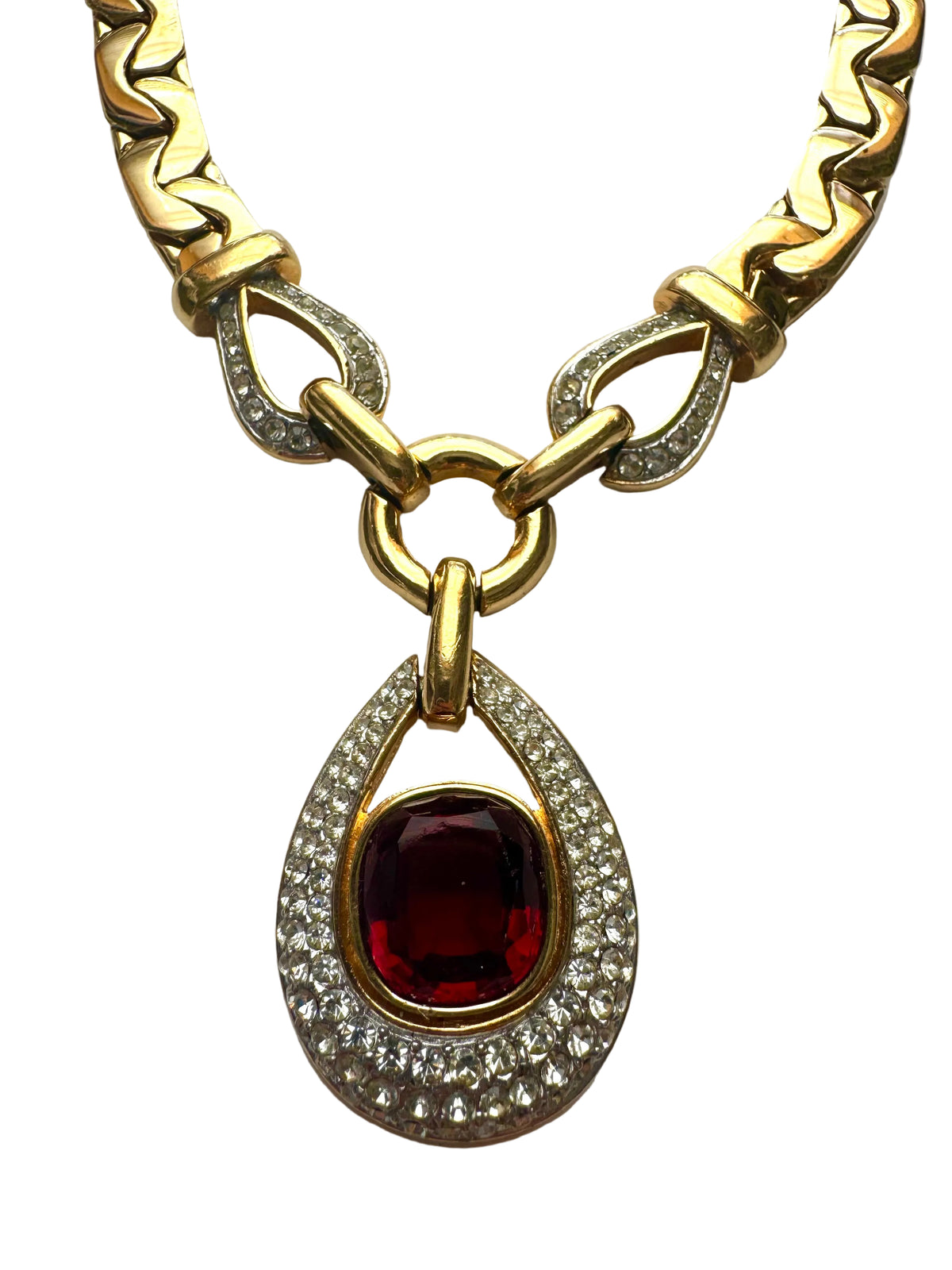 Vintage Ciner Gold Tone Red Glass & Rhinestone Statement Necklace