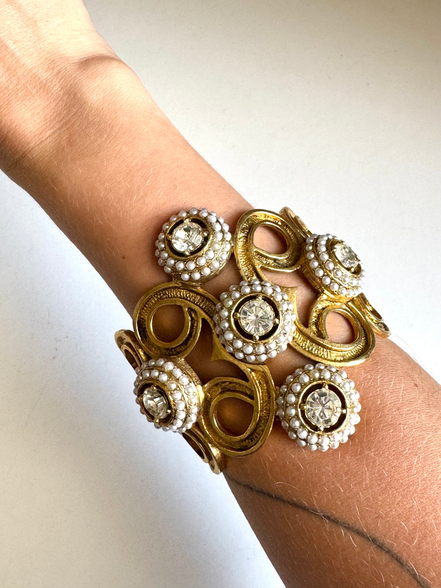 Vintage Faux Pearl & Crystal Statement Hinged Cuff Bracelet