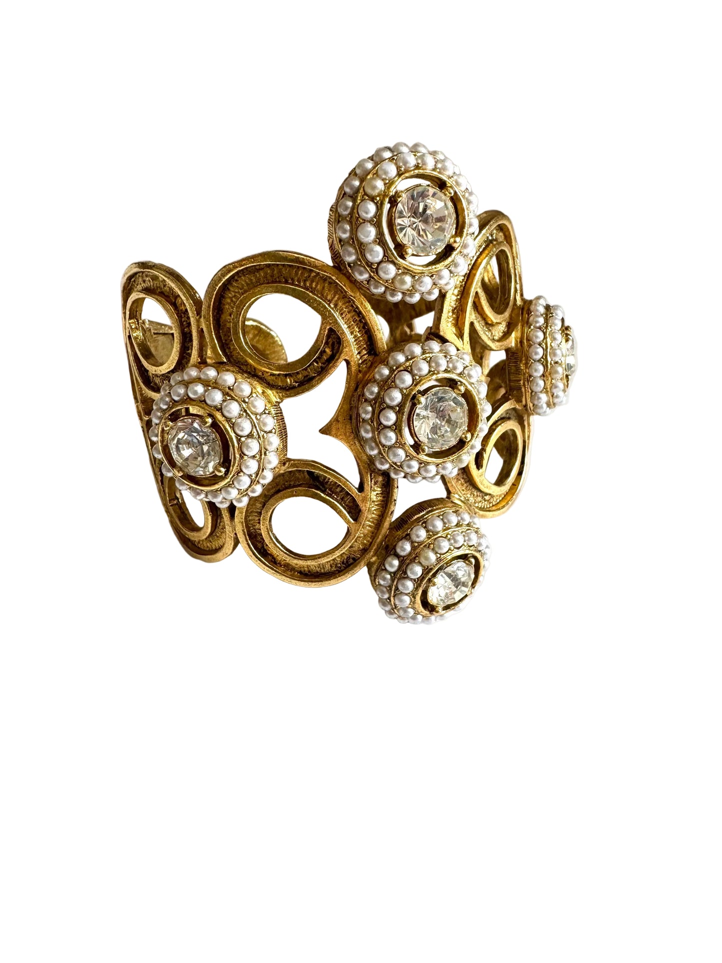 Vintage Faux Pearl & Crystal Statement Hinged Cuff Bracelet